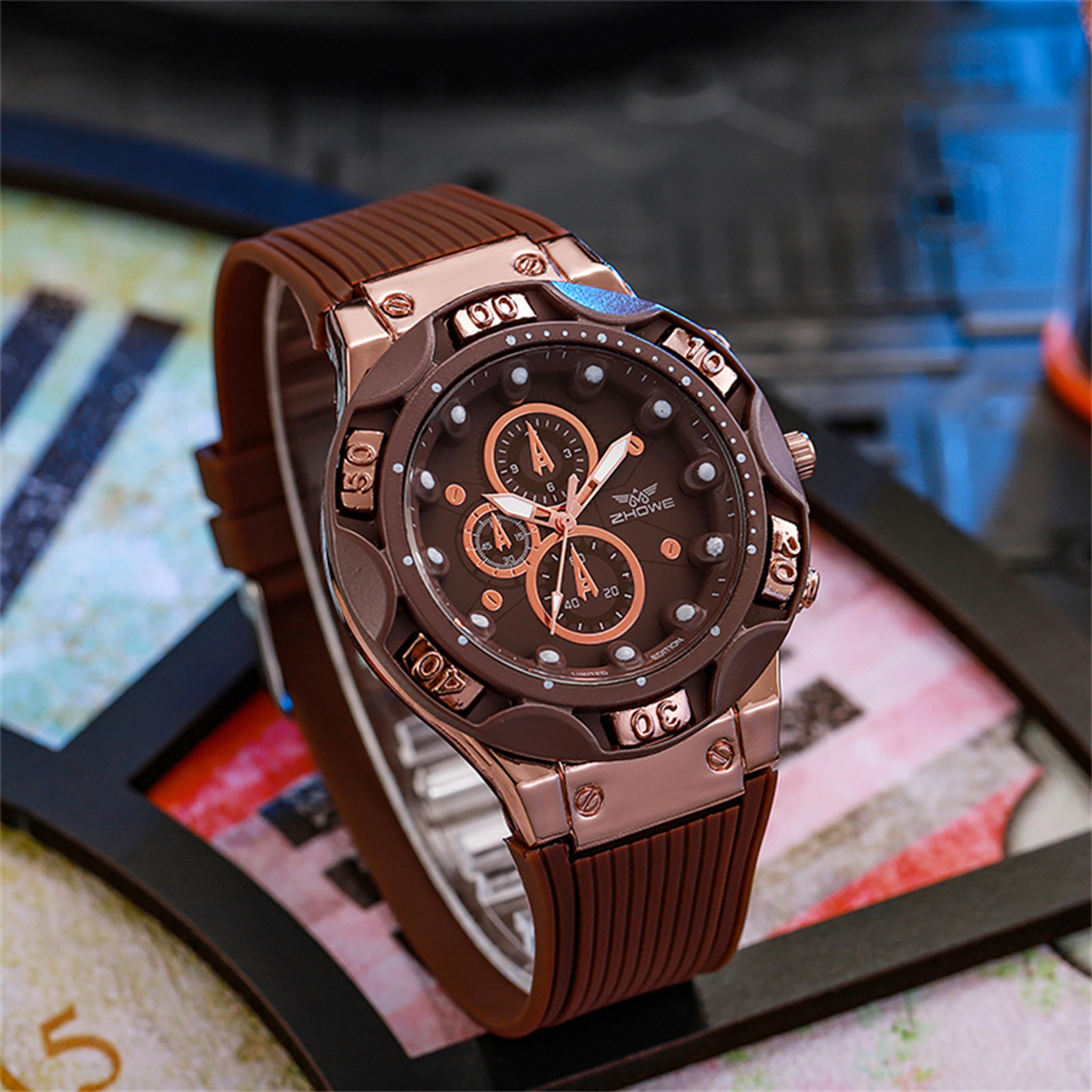 men military style quartz watch with triple bezel & brown silicone strap edition