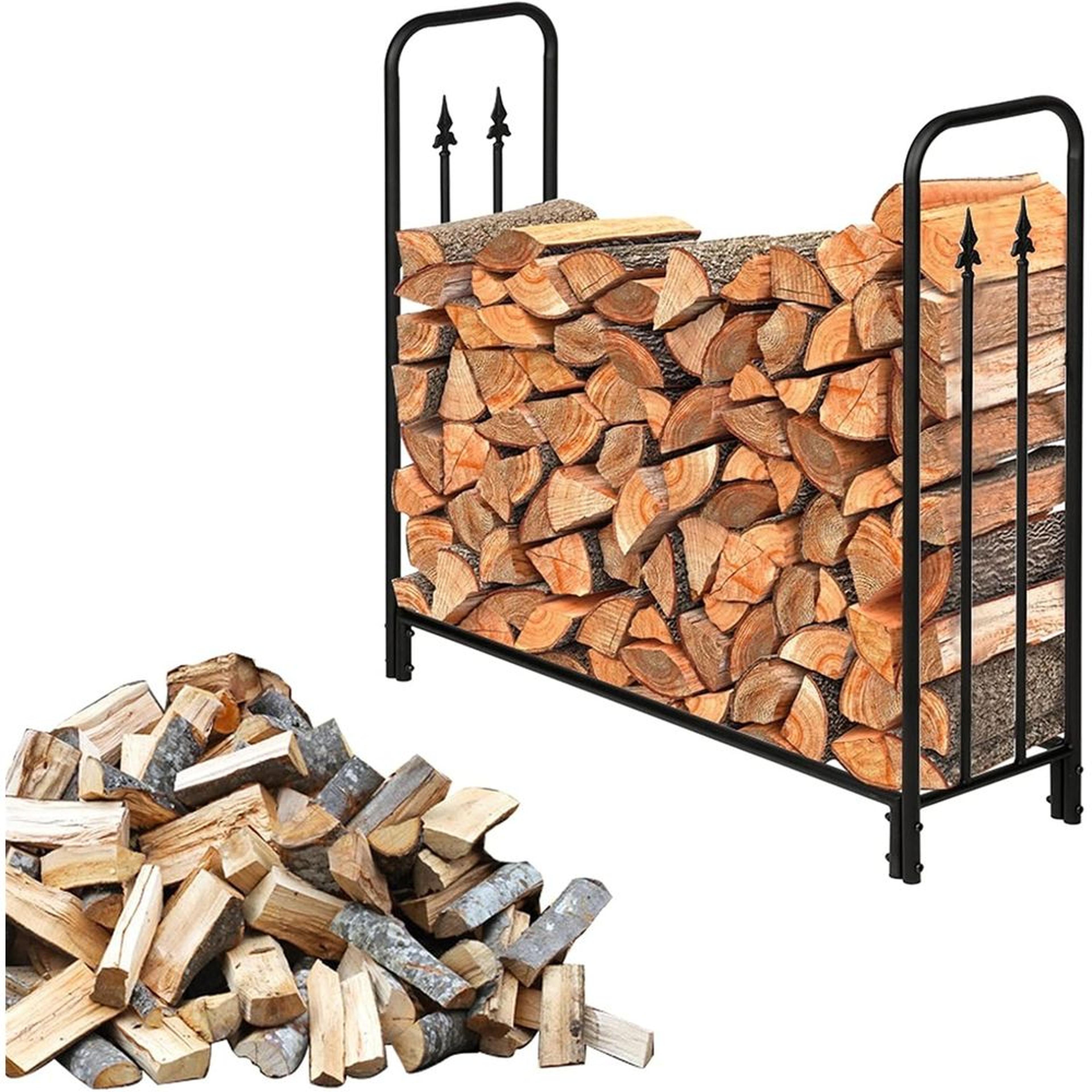 arrow style iron log rack for fireplace storage tall, black sand finish, indoor/outdoor firewood holder