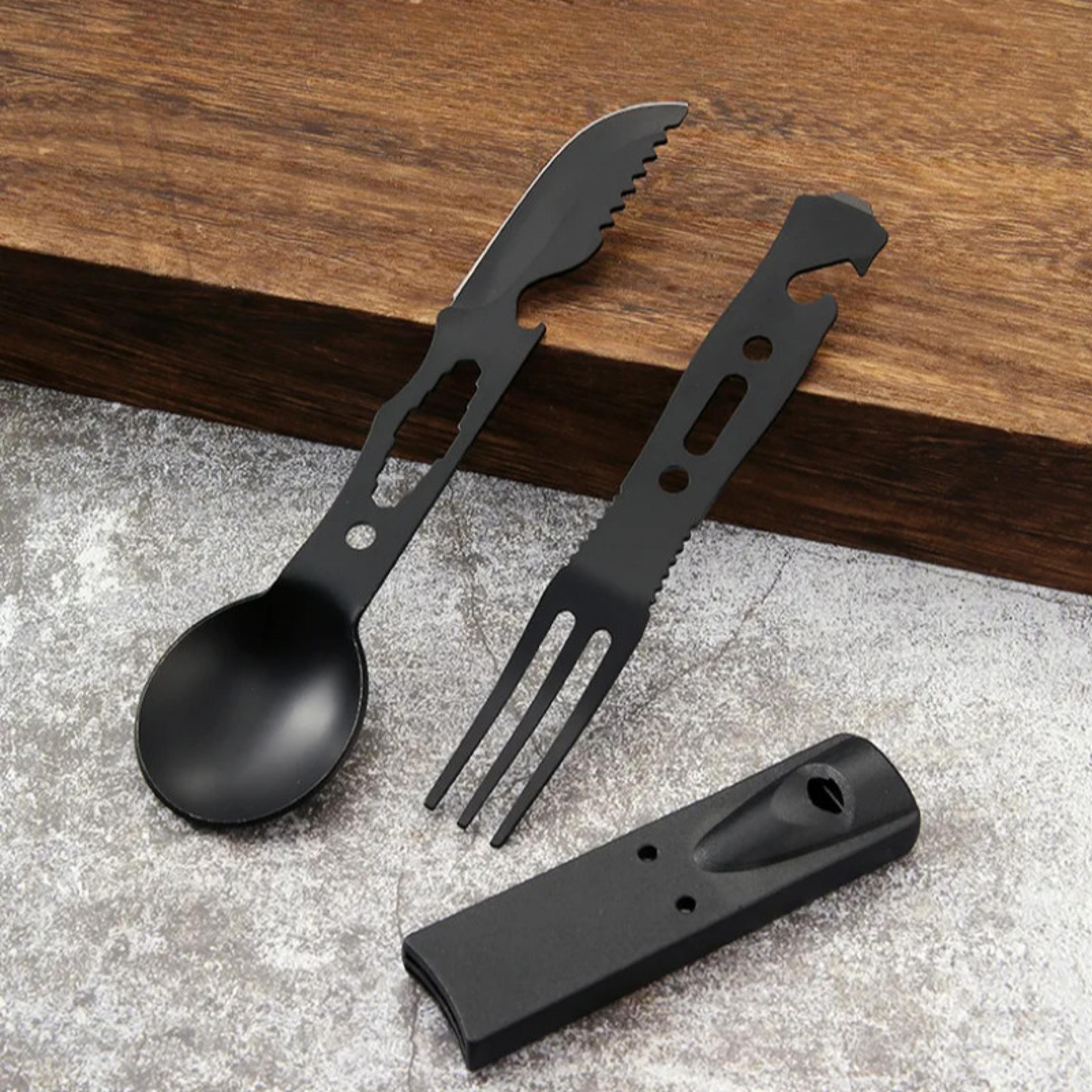 stainless steel camping utensil set with knife, fork, spoon & whistle for outdoor survival