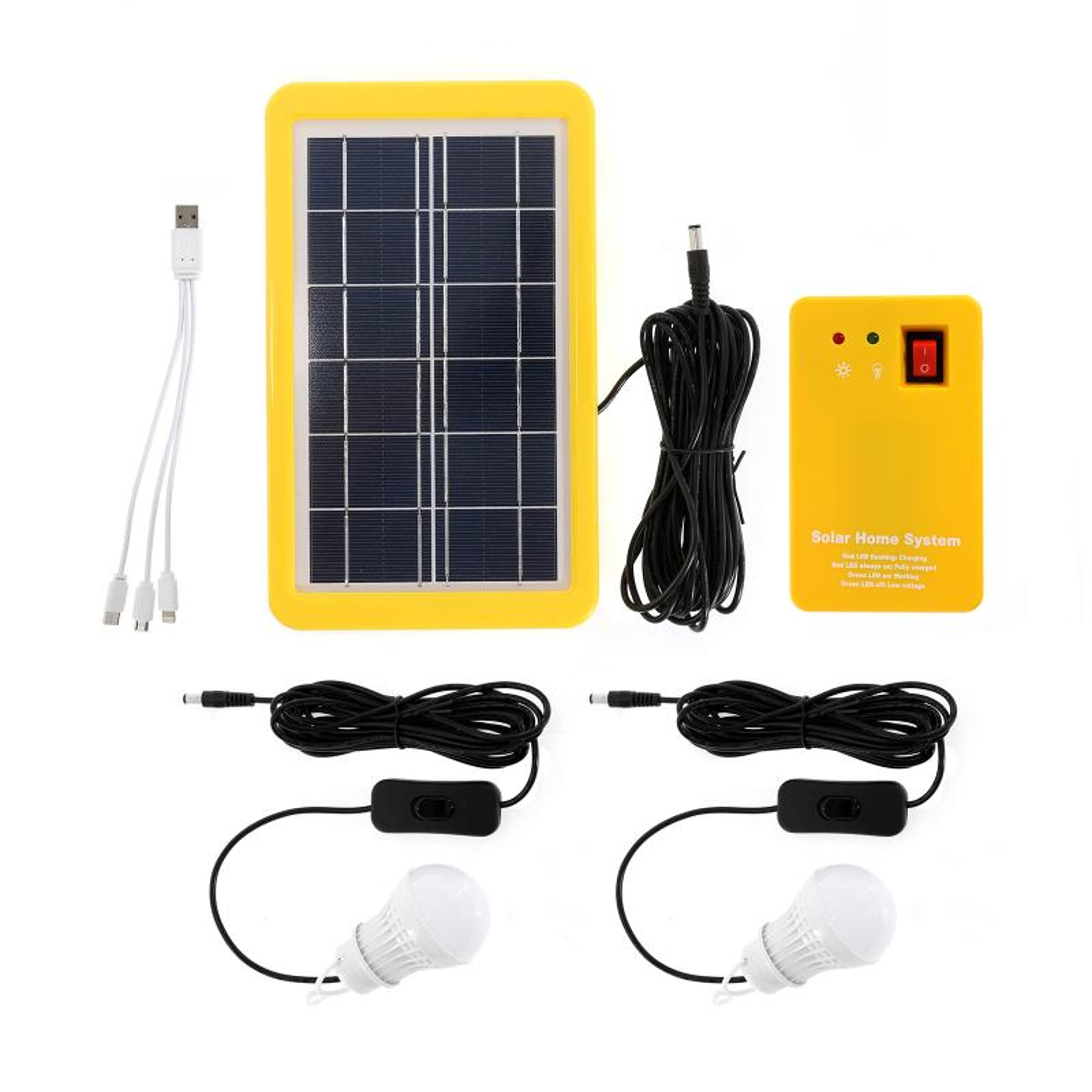 solar panel emergency light kit with usb charger & led bulbs