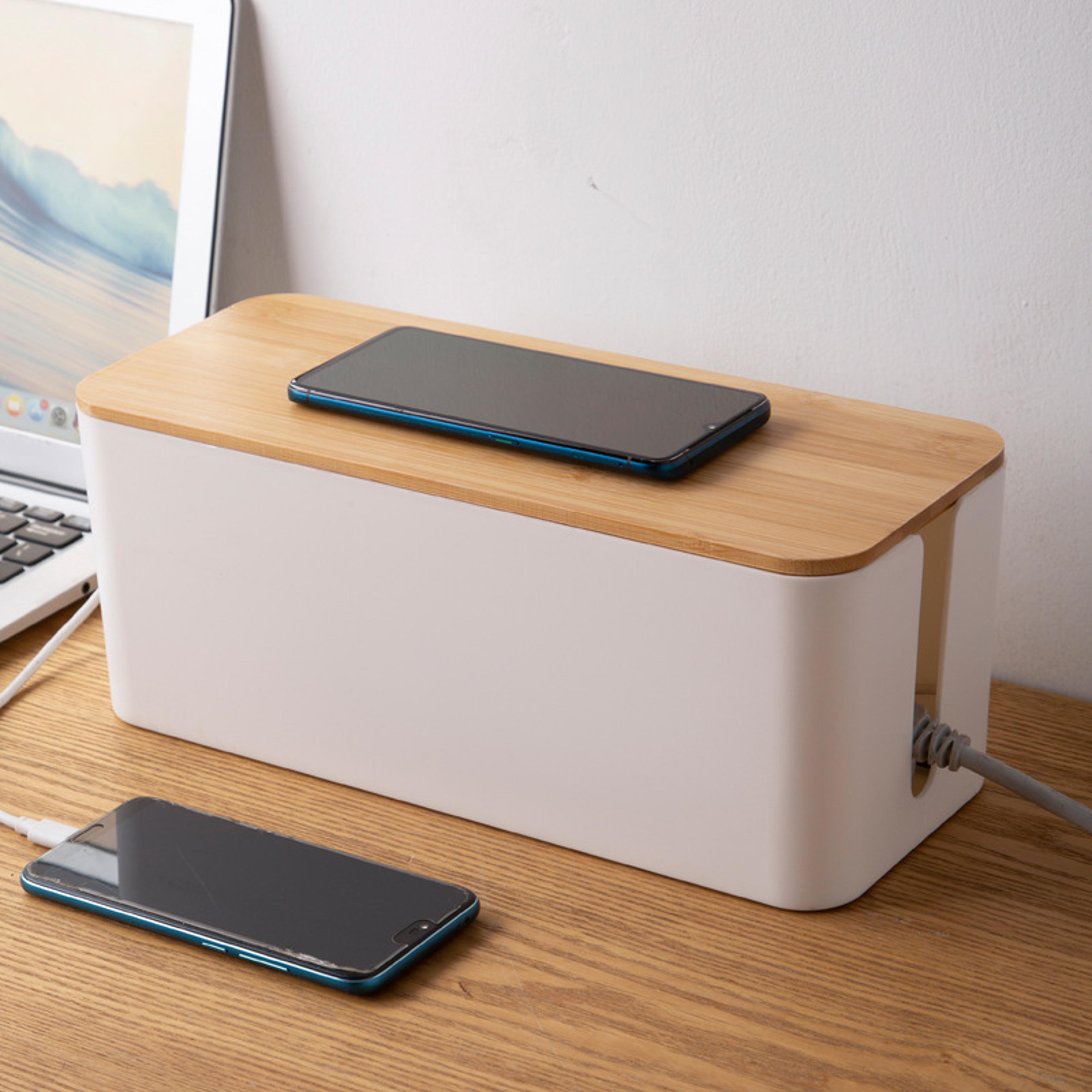 wooden cable organizer box dustproof cord storage for clean desk cable management