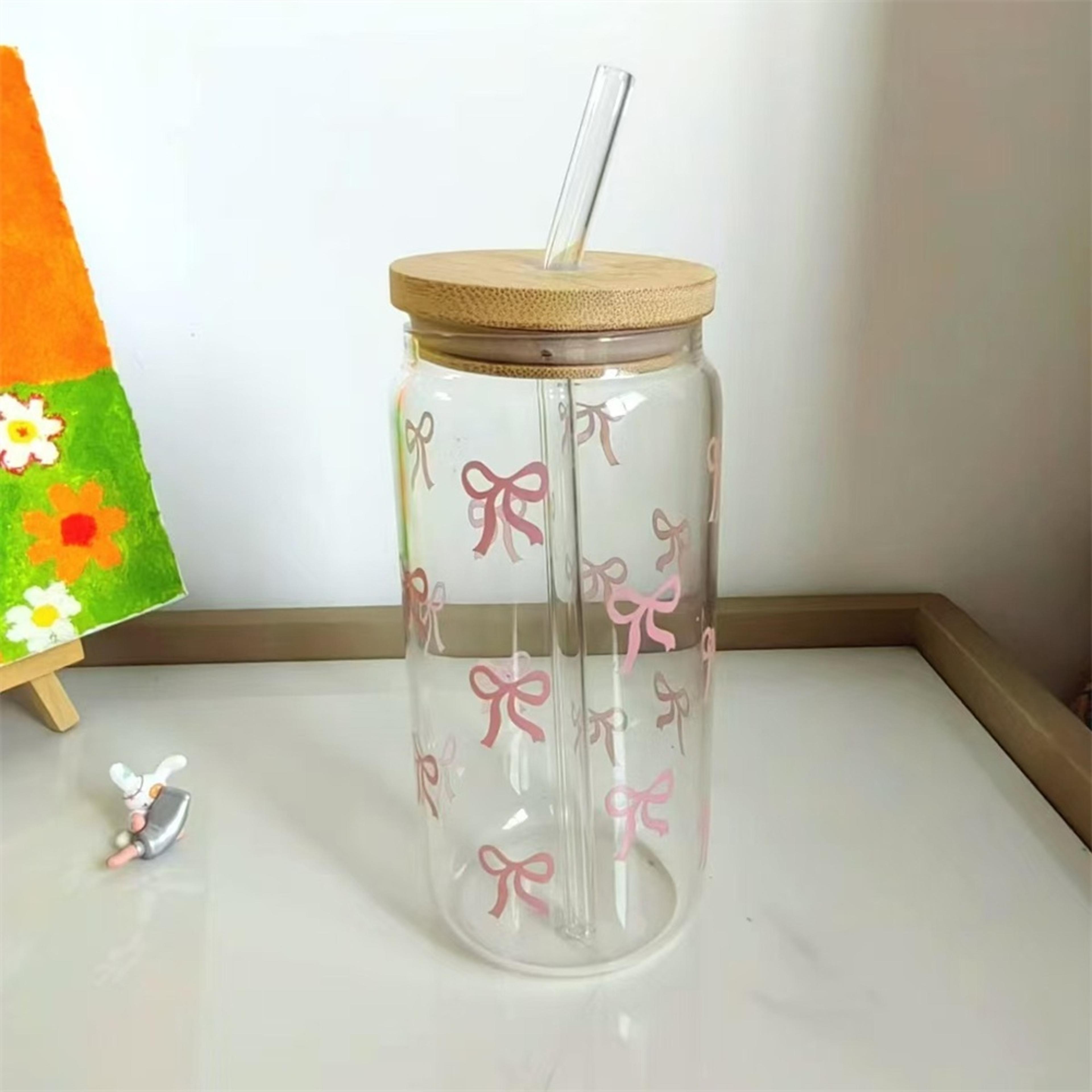 cute bow glass cup with lid and straw aesthetic iced coffee tumbler