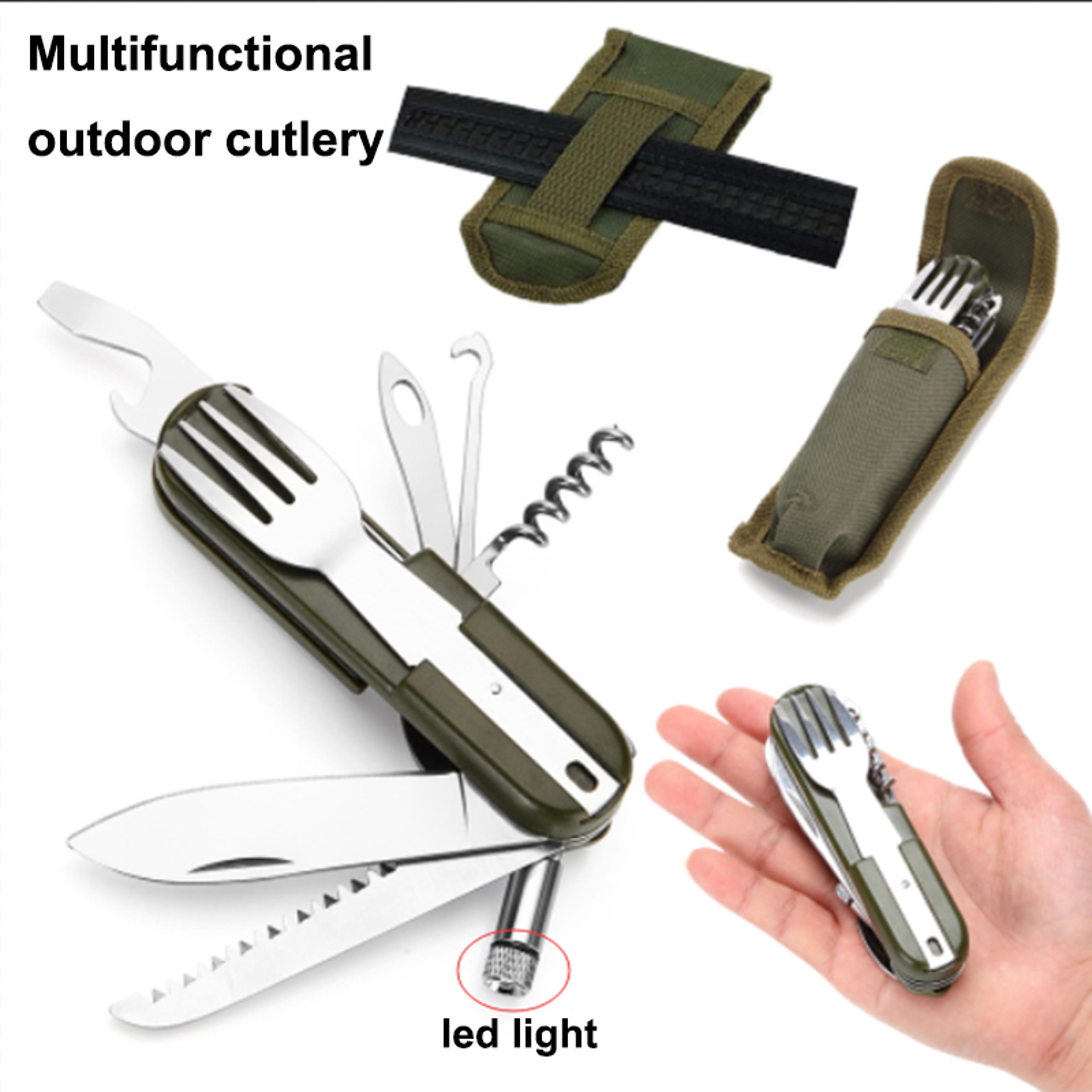 compact camping cutlery set folding portable utensils with bottle opener