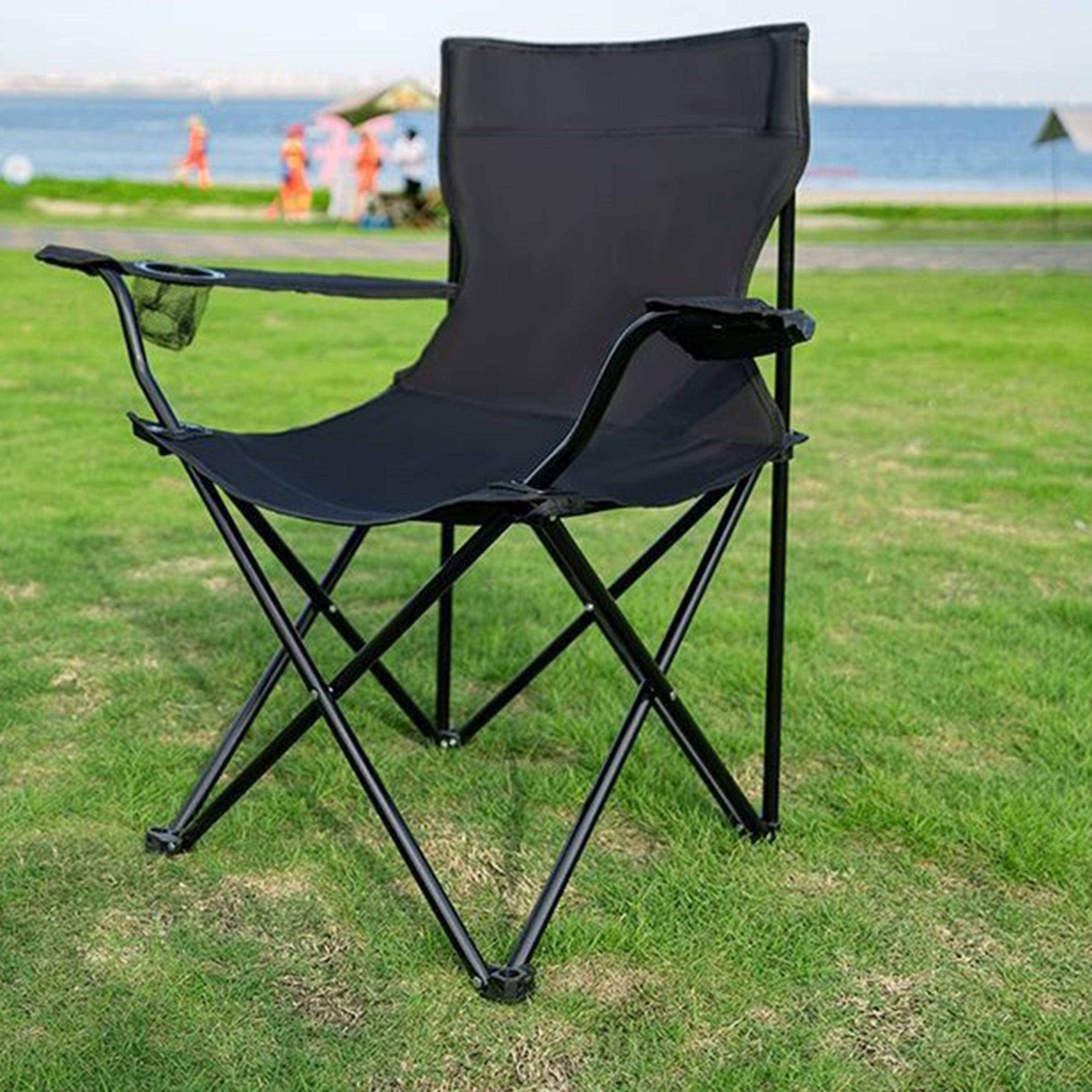 portable folding camping chair with armrests for beach fishing and outdoor relaxation