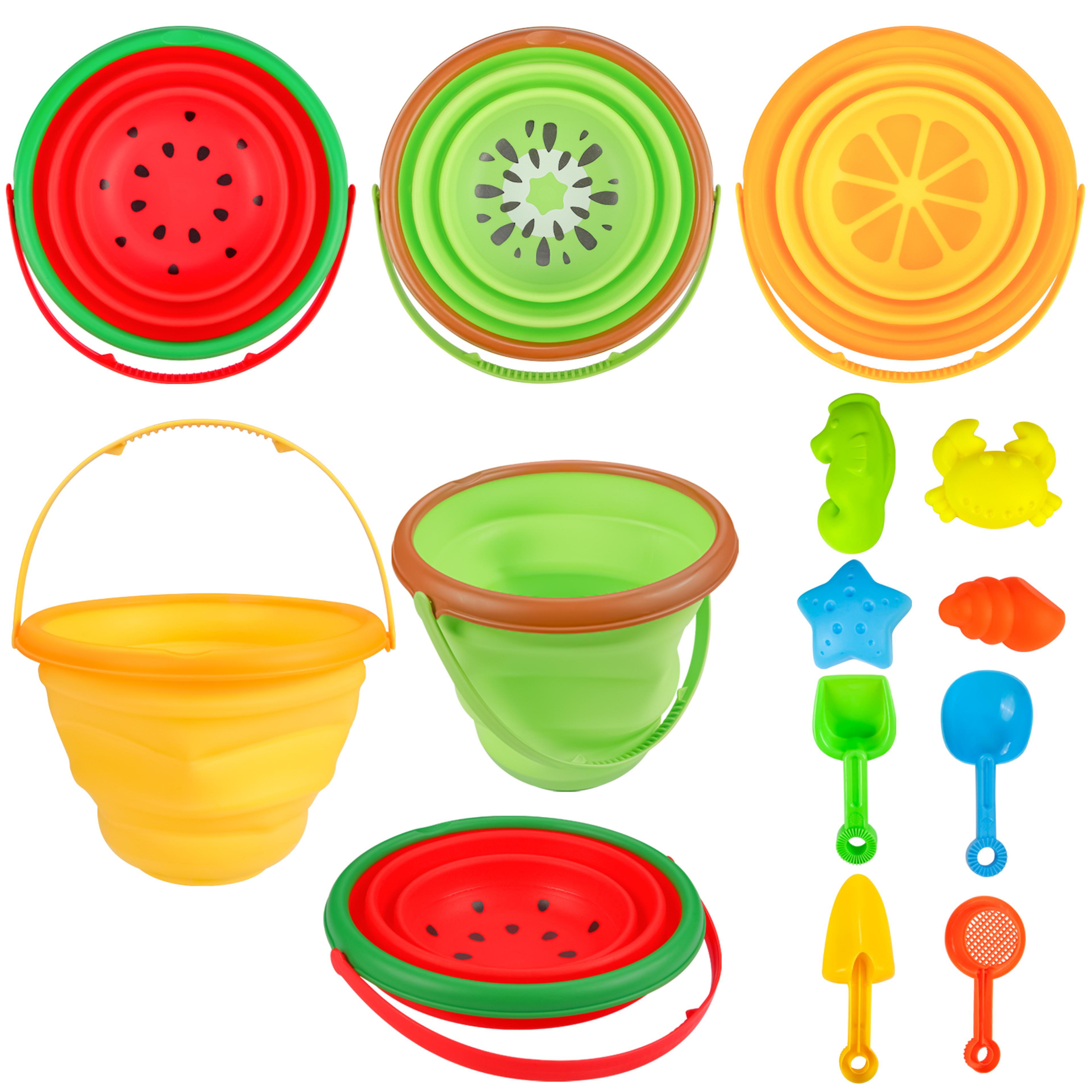 collapsible silicone beach toy set for kids with foldable bucket travel sand toys