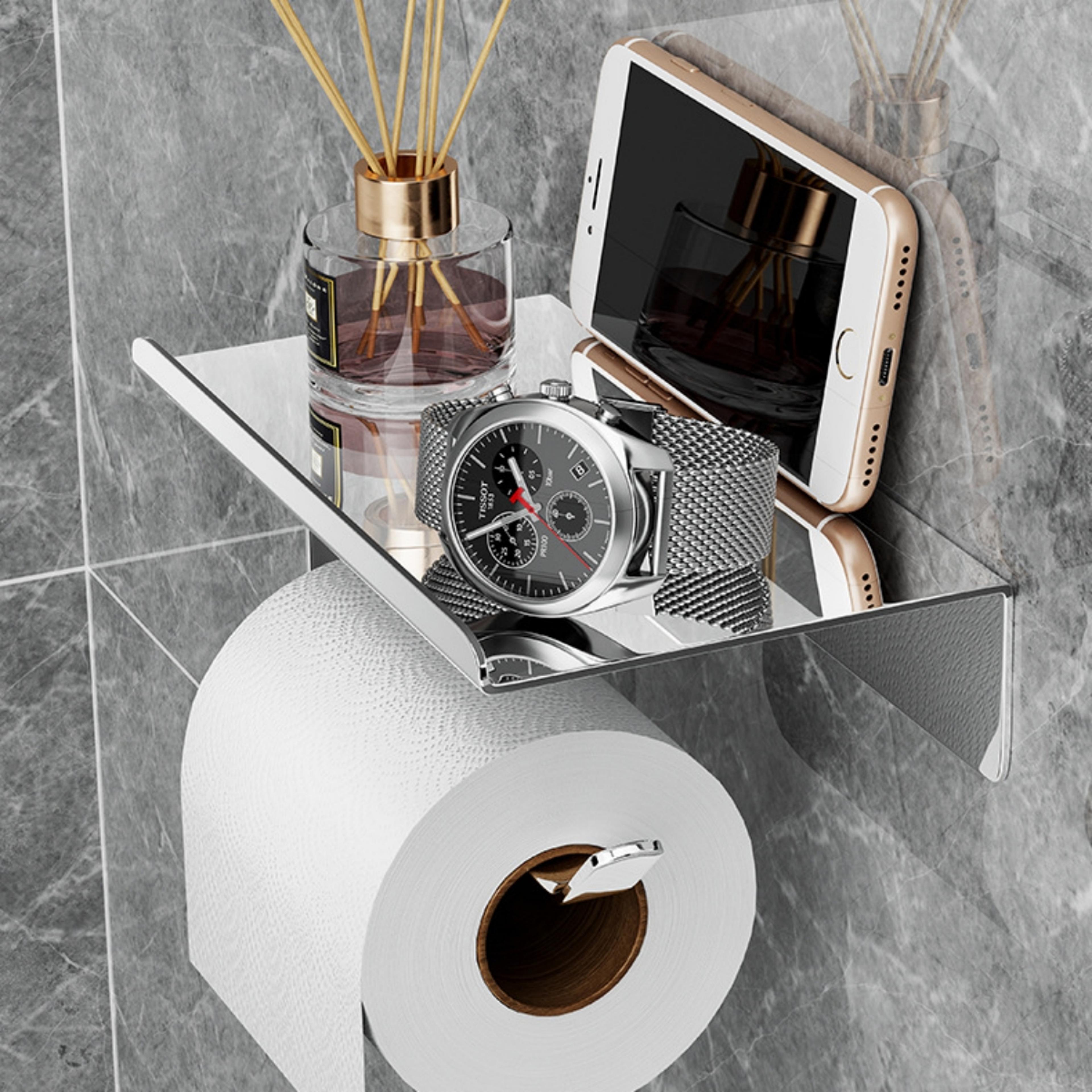 wall mount toilet paper holder with shelf phone storage bathroom organizer