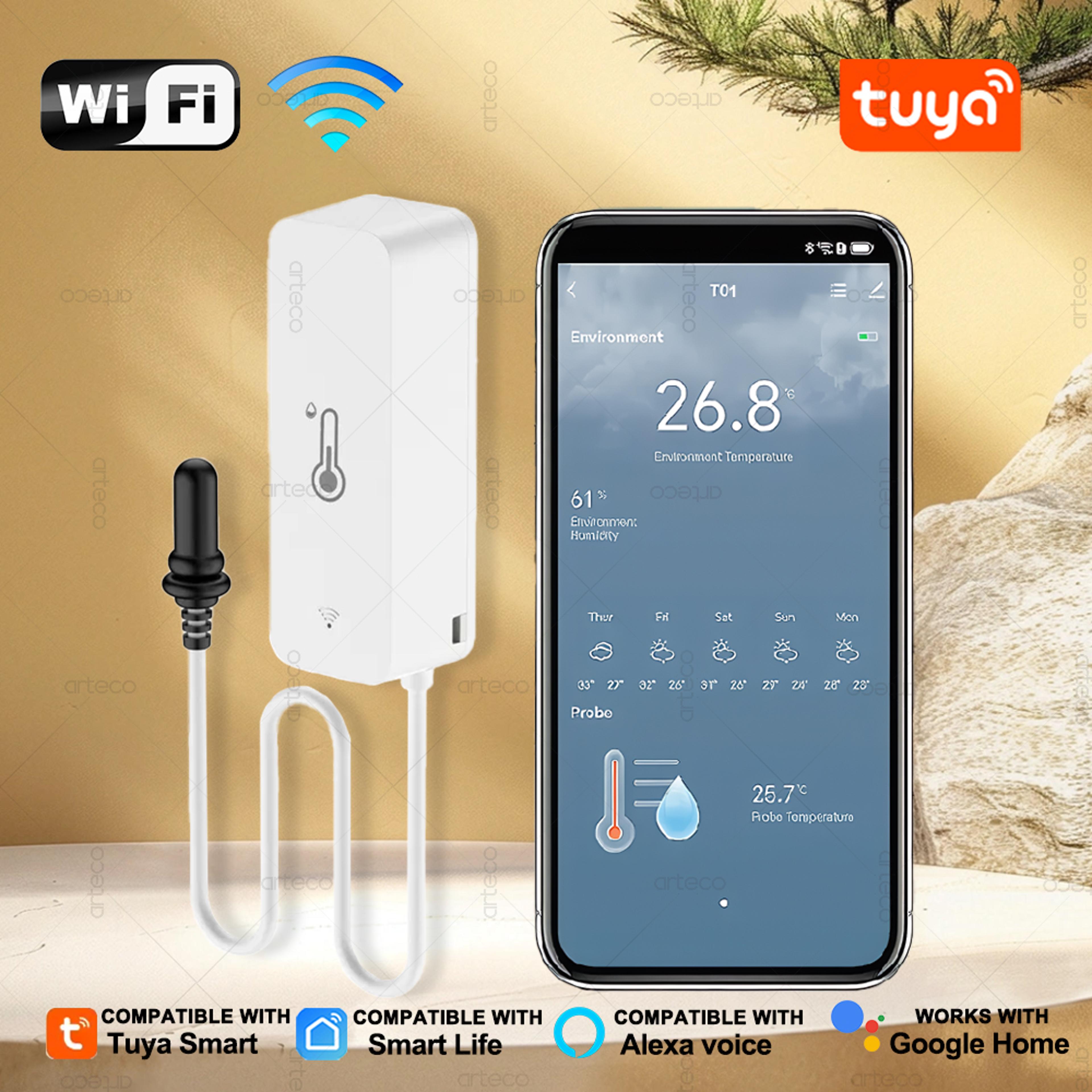 smart wifi temperature humidity sensor with external probe for refrigerator, aquarium & home monitoring