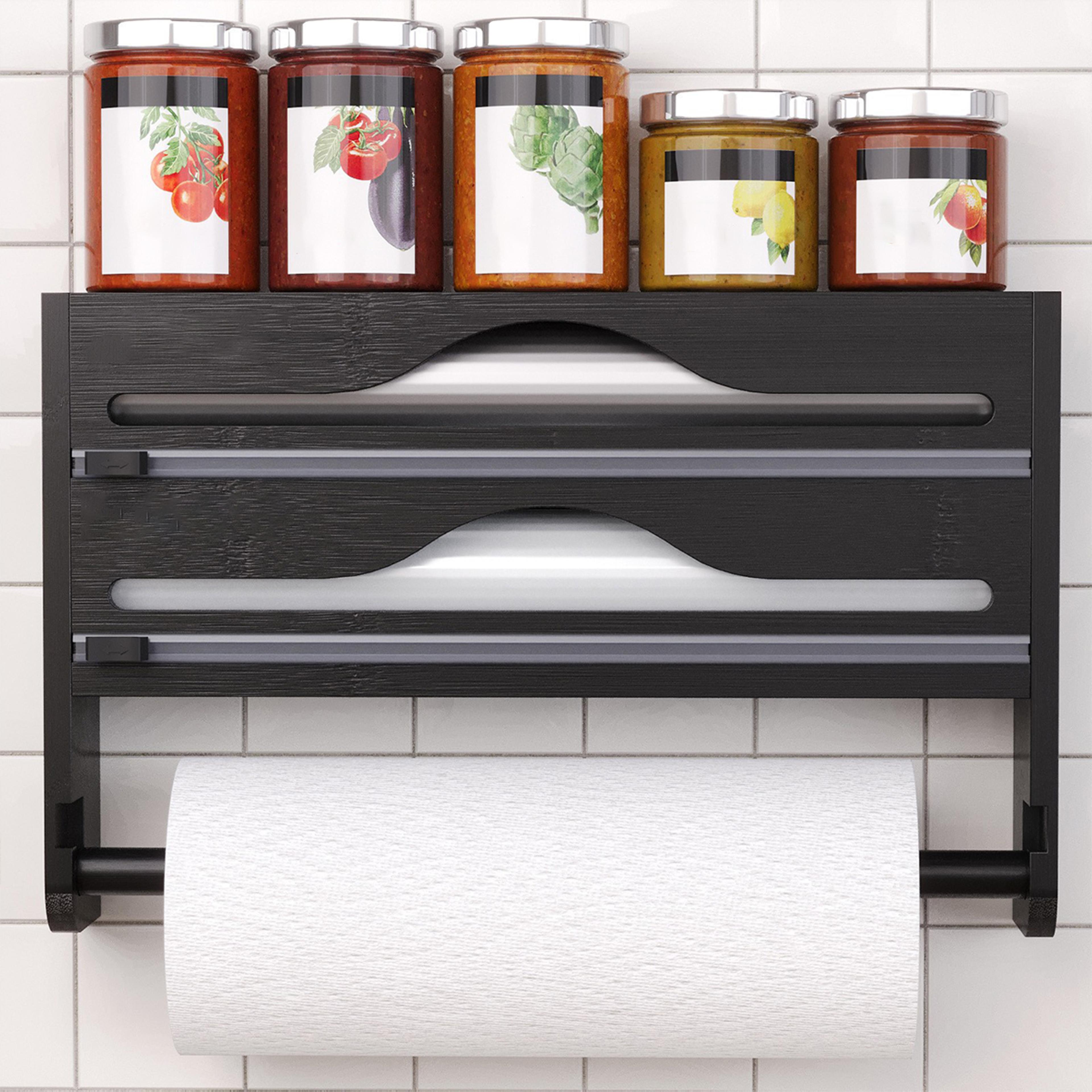 bamboo kitchen organizer with cutter wall mount foil and wrap dispenser