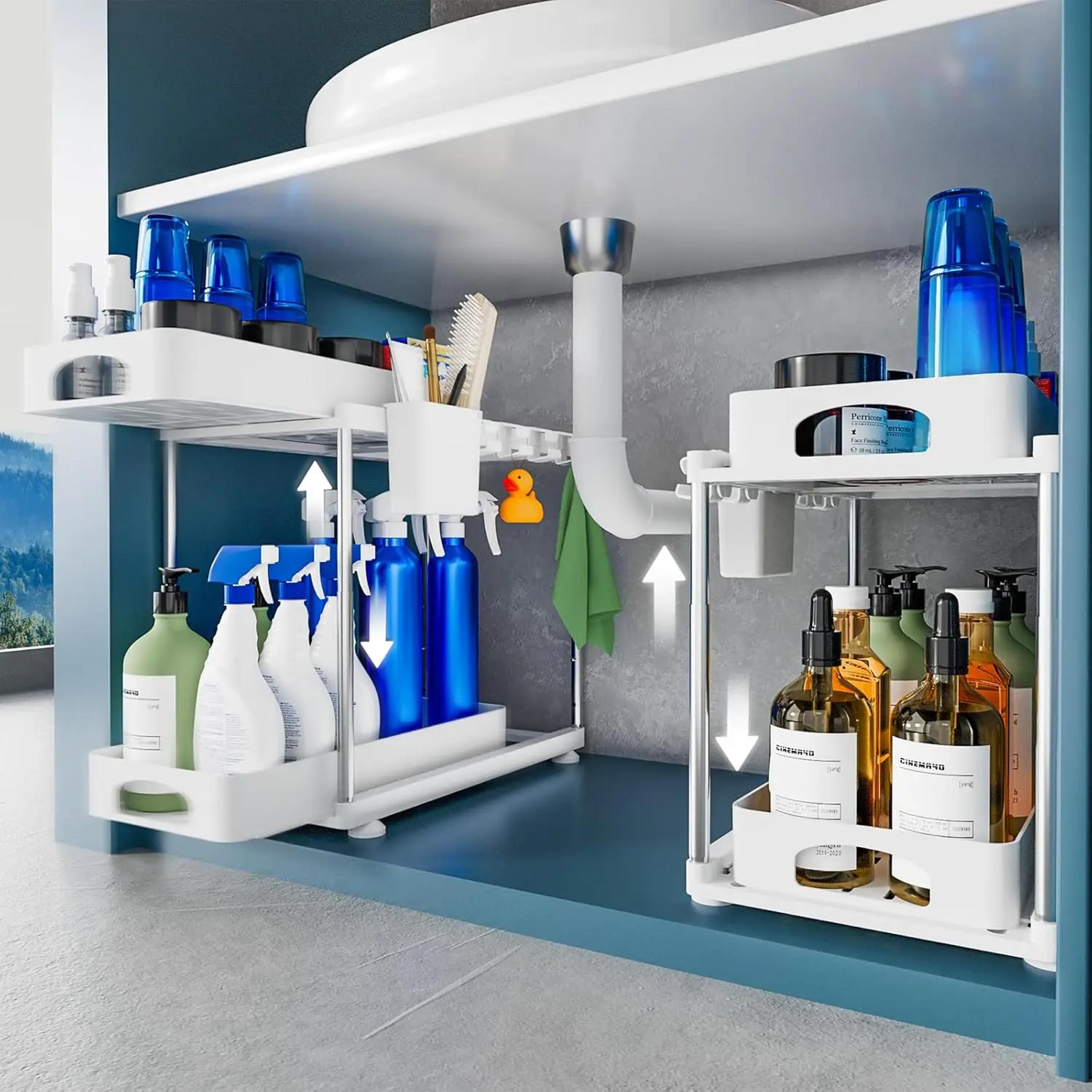 tier sliding under sink organizer set adjustable kitchen cabinet storage rack