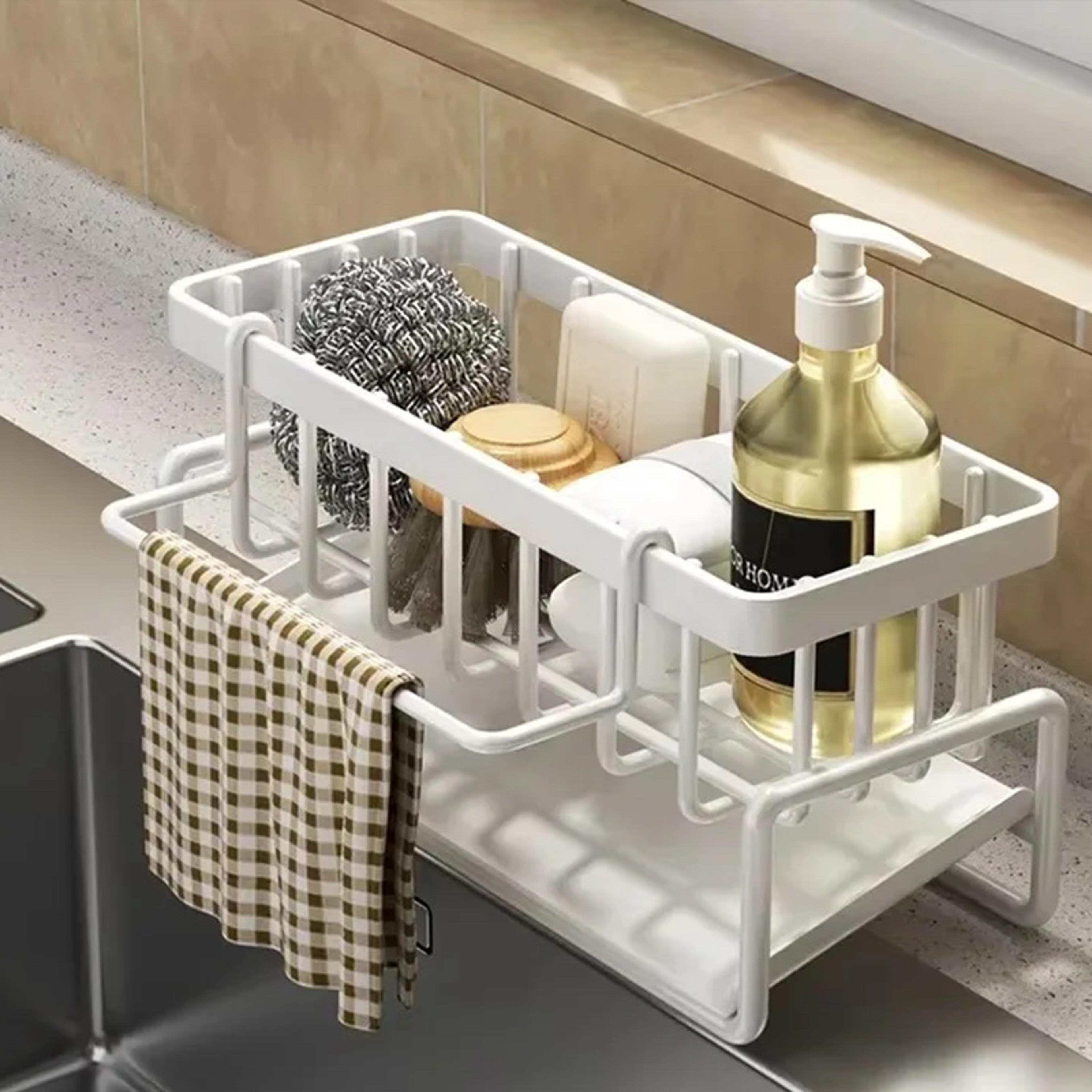compact tap mounted sink organizer rack with drainage shelf for kitchen storage