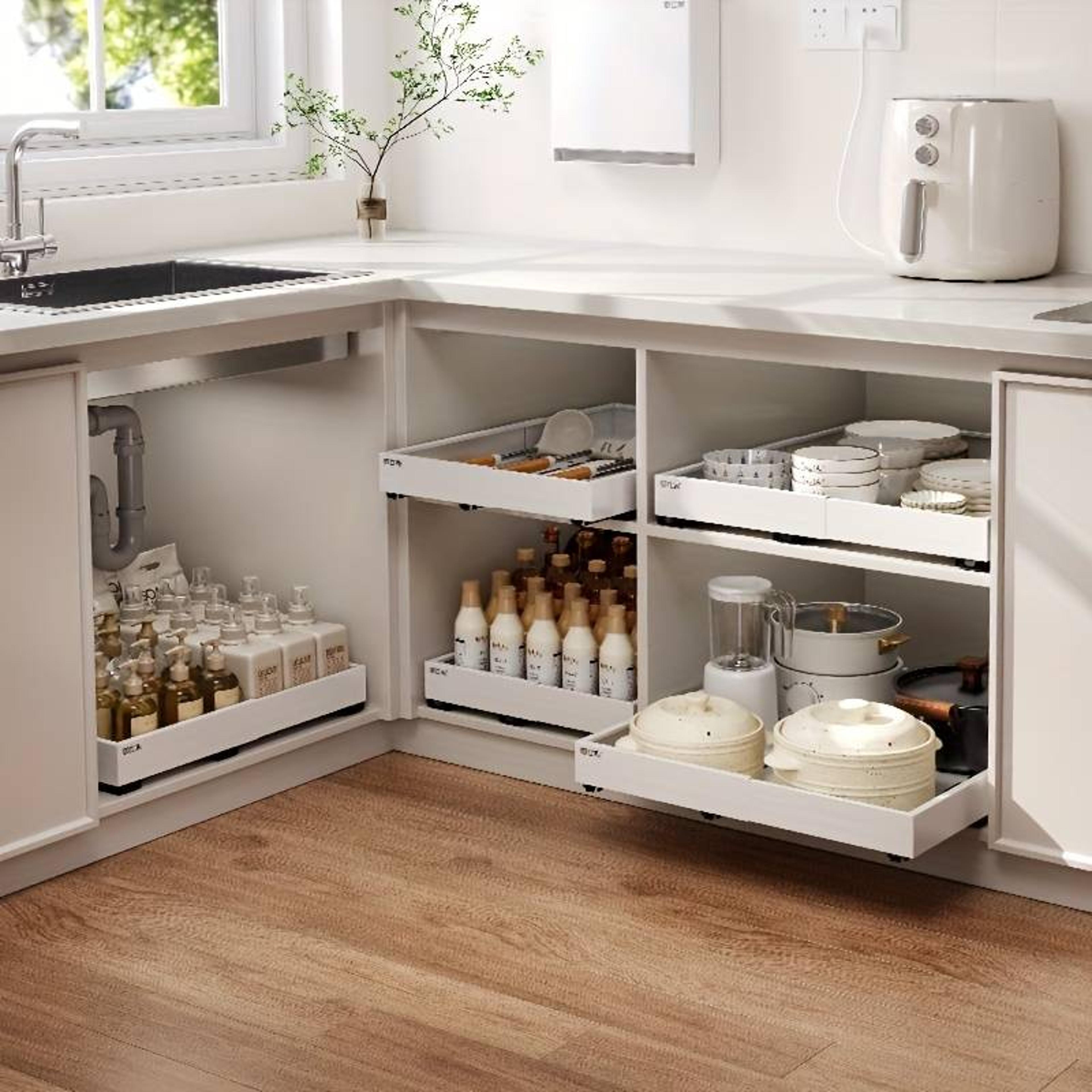 expandable pull out cabinet organizer drawer for under sink storage and kitchen shelving