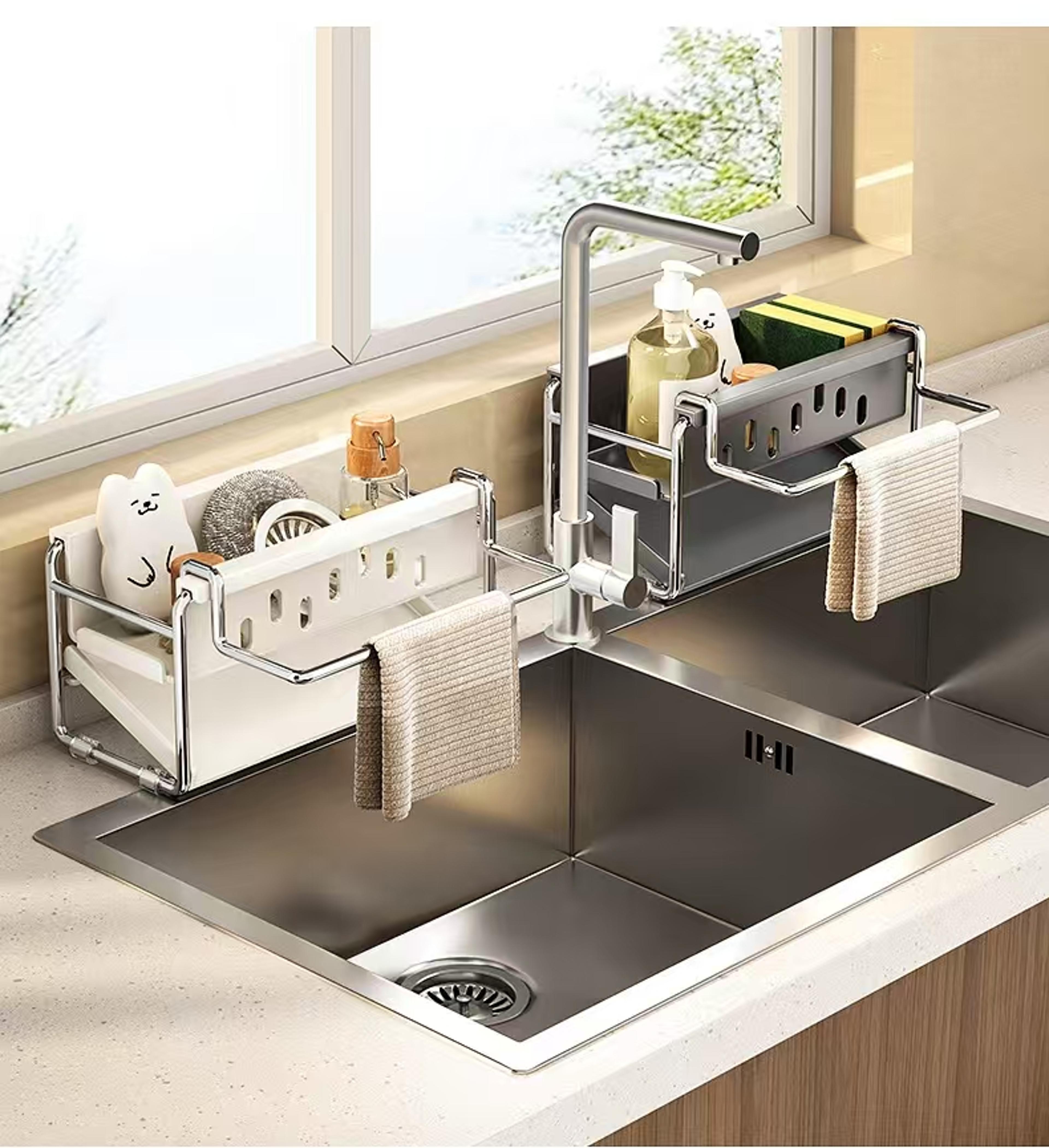 stainless steel sink organizer rack with drain basket & towel holder for clutter-free kitchen