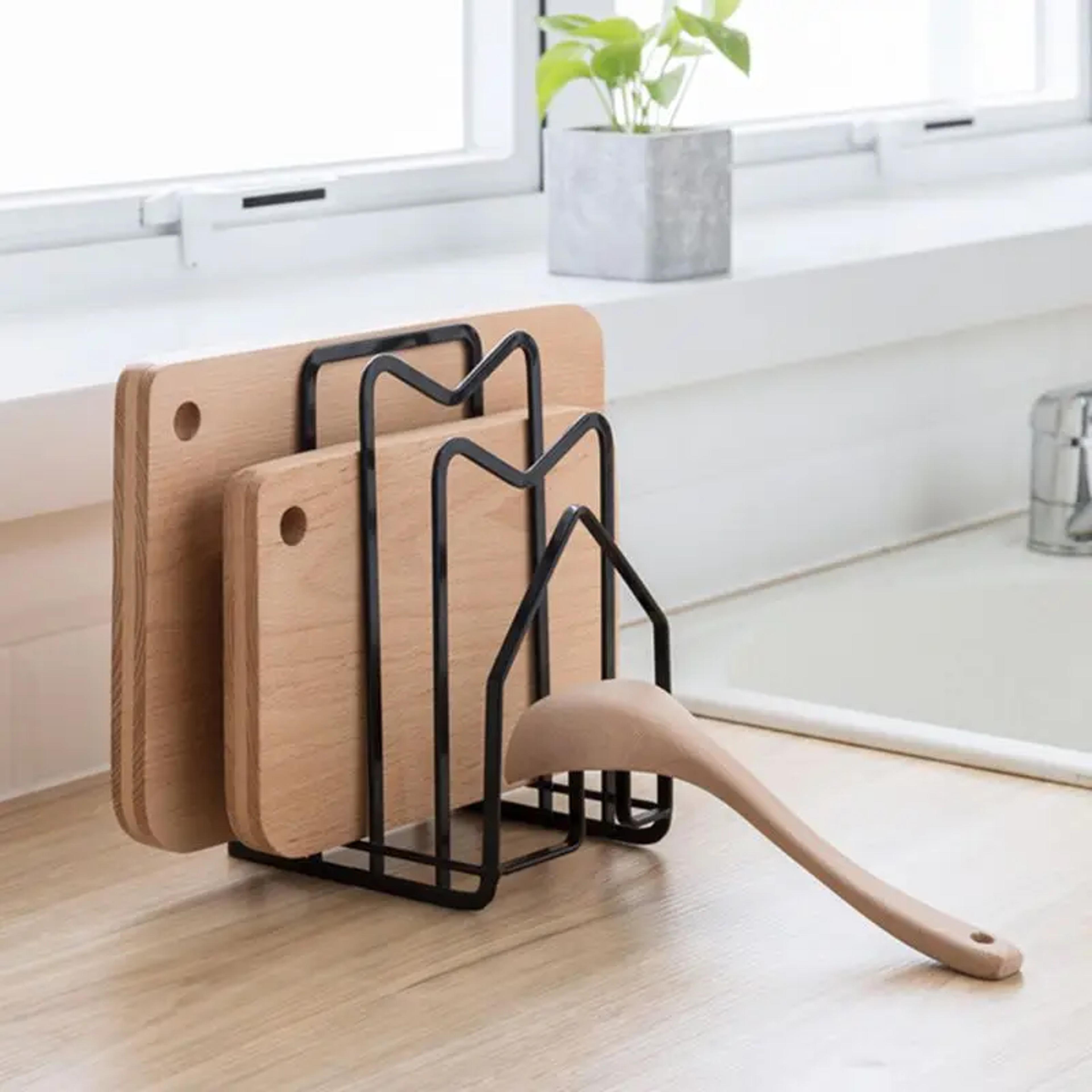 multi layer kitchen organizer rack for cutting boards, pot lids & plates storage