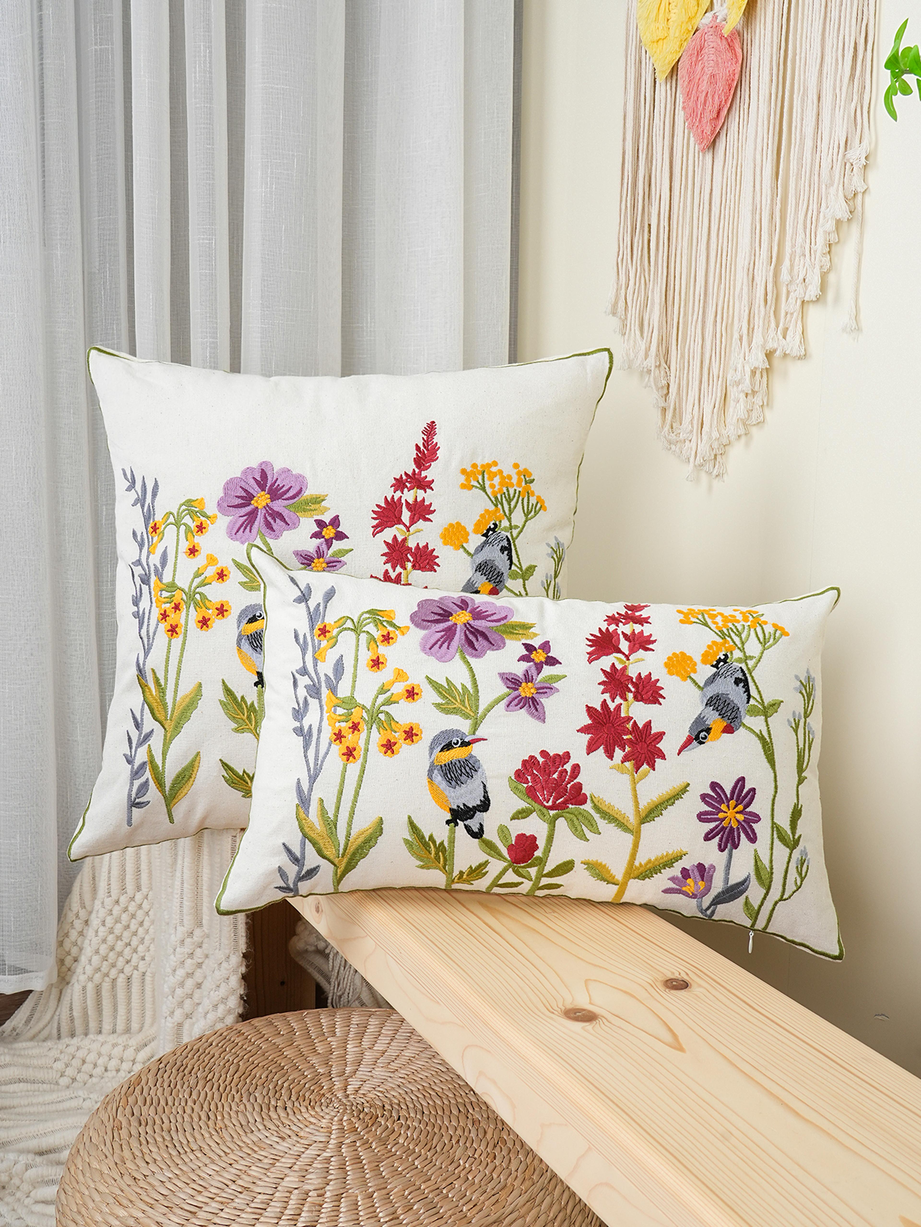 embroidered floral bird throw pillow cover for cozy farmhouse and cottage decor