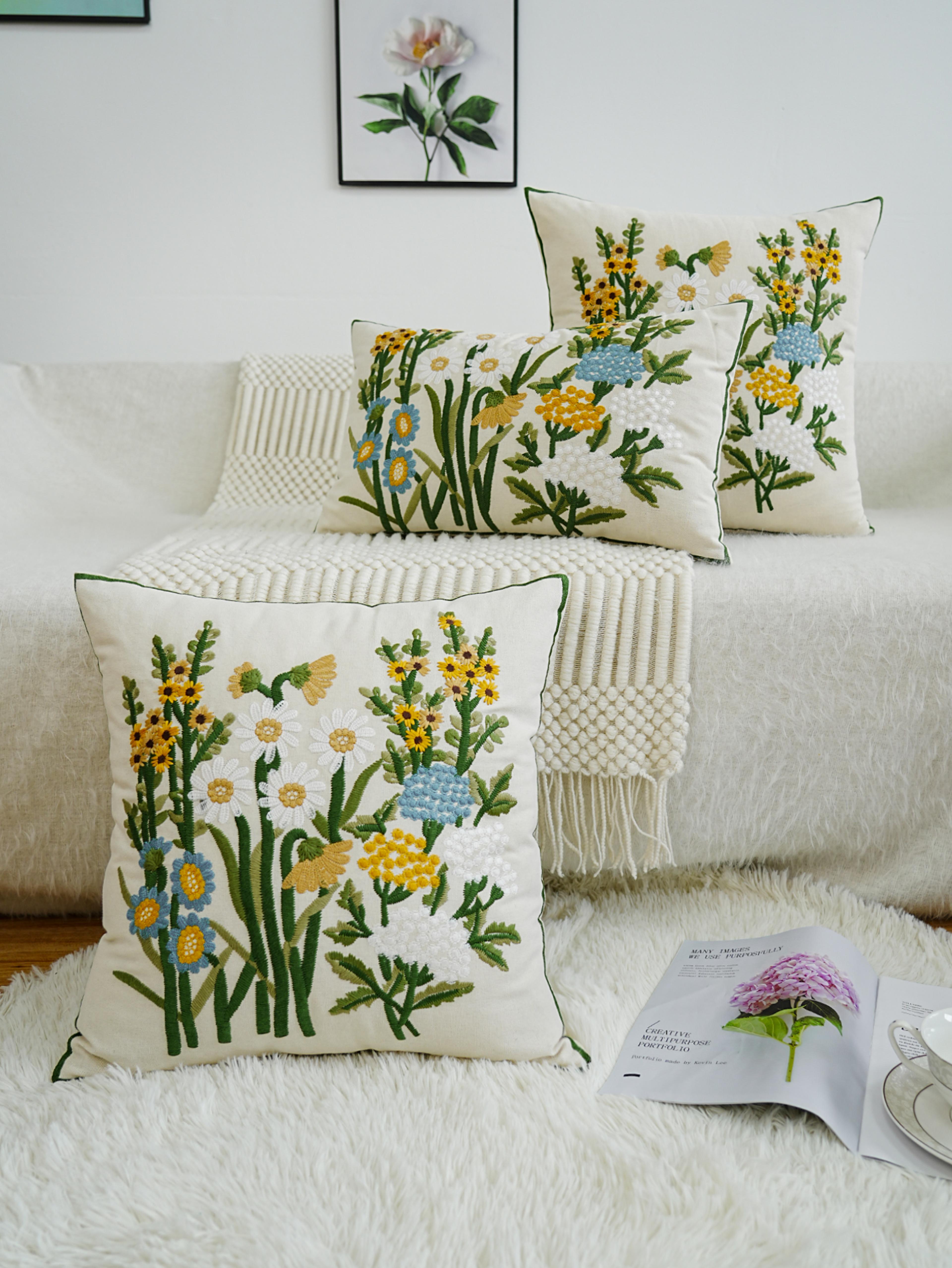 luxury floral embroidered cushion cover for sofa, bedroom & living room decor