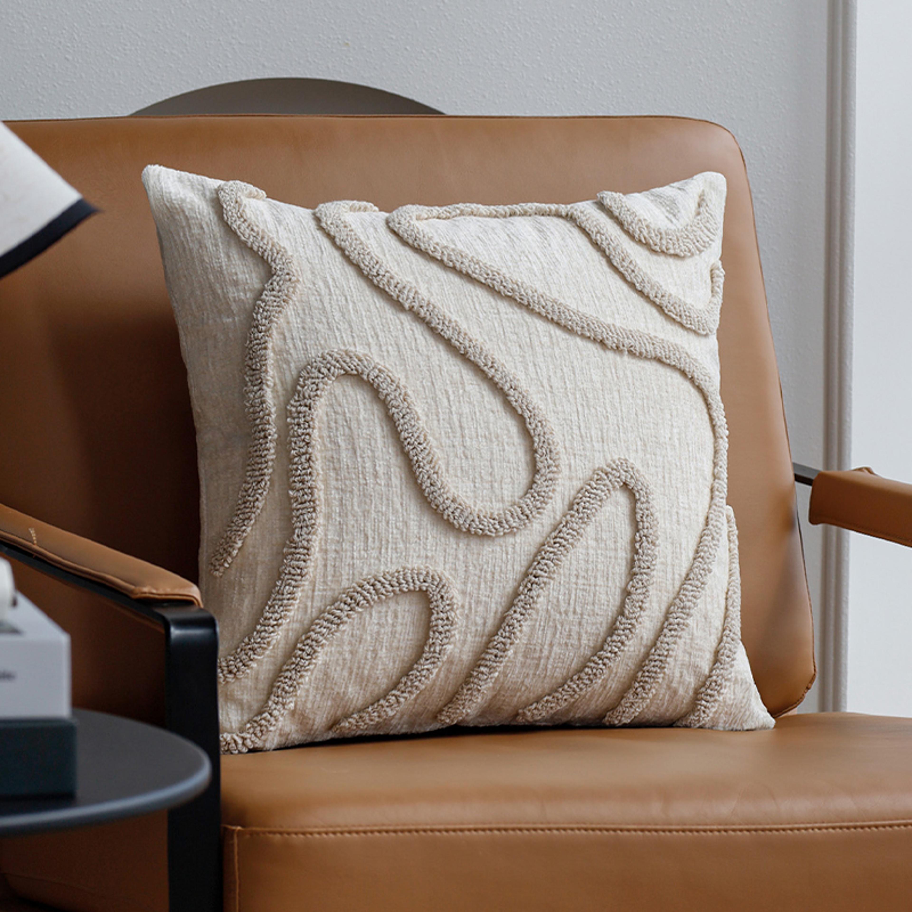 boho chenille throw pillow cover with geometric lines for sofa & living room decor