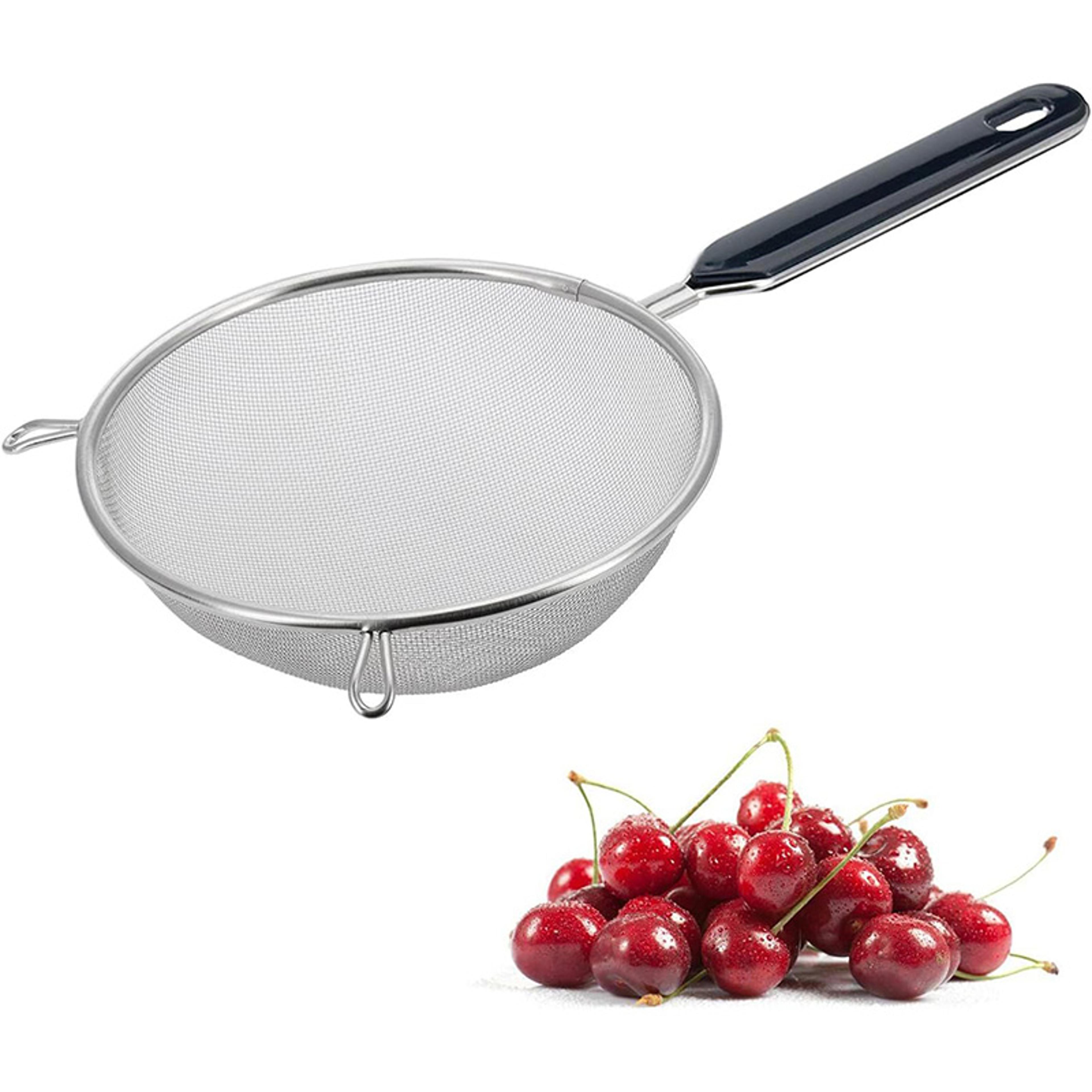 stainless steel fine mesh kitchen strainer with non slip handle and hook