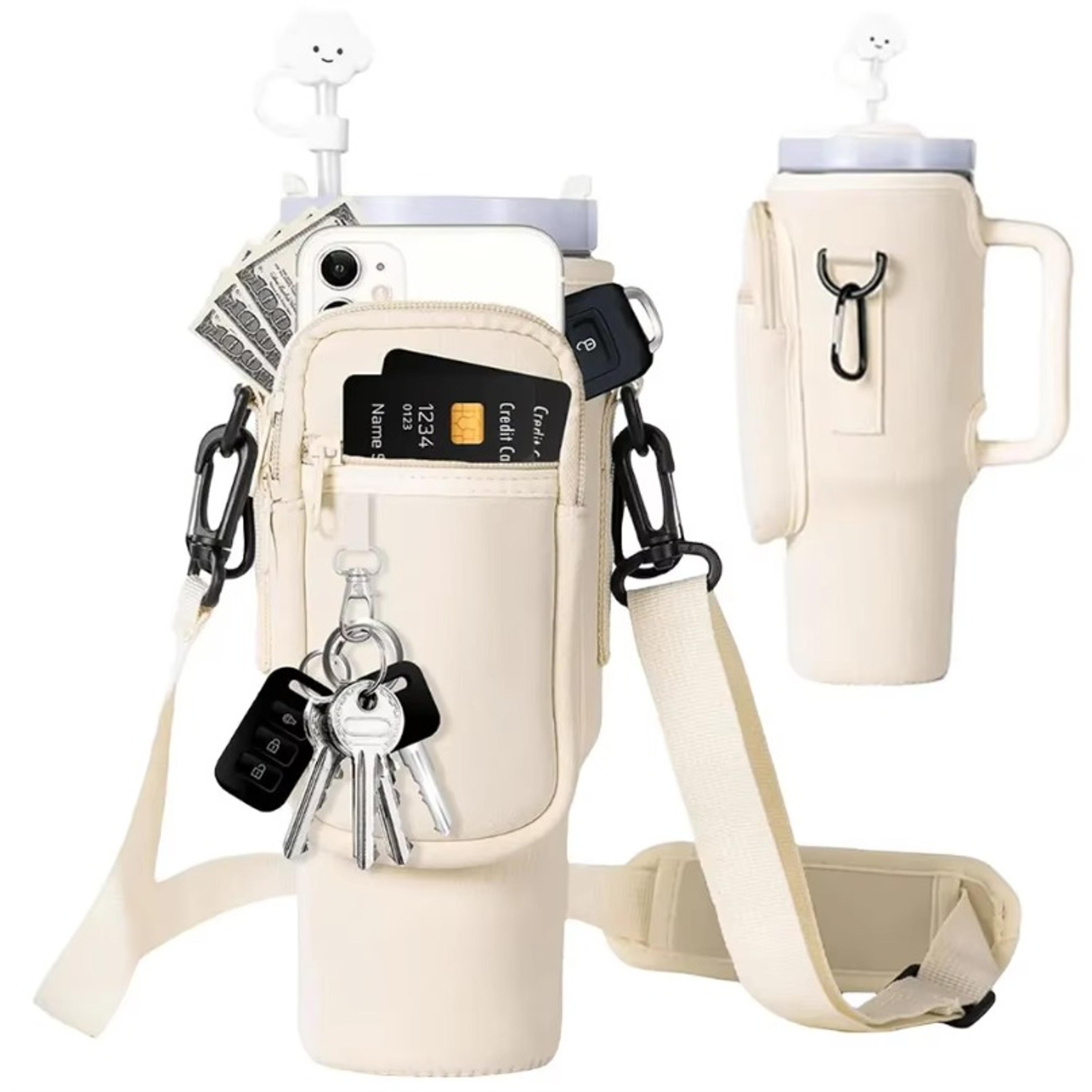 water bottle carrier with strap & phone pocket for stanley tumblers
