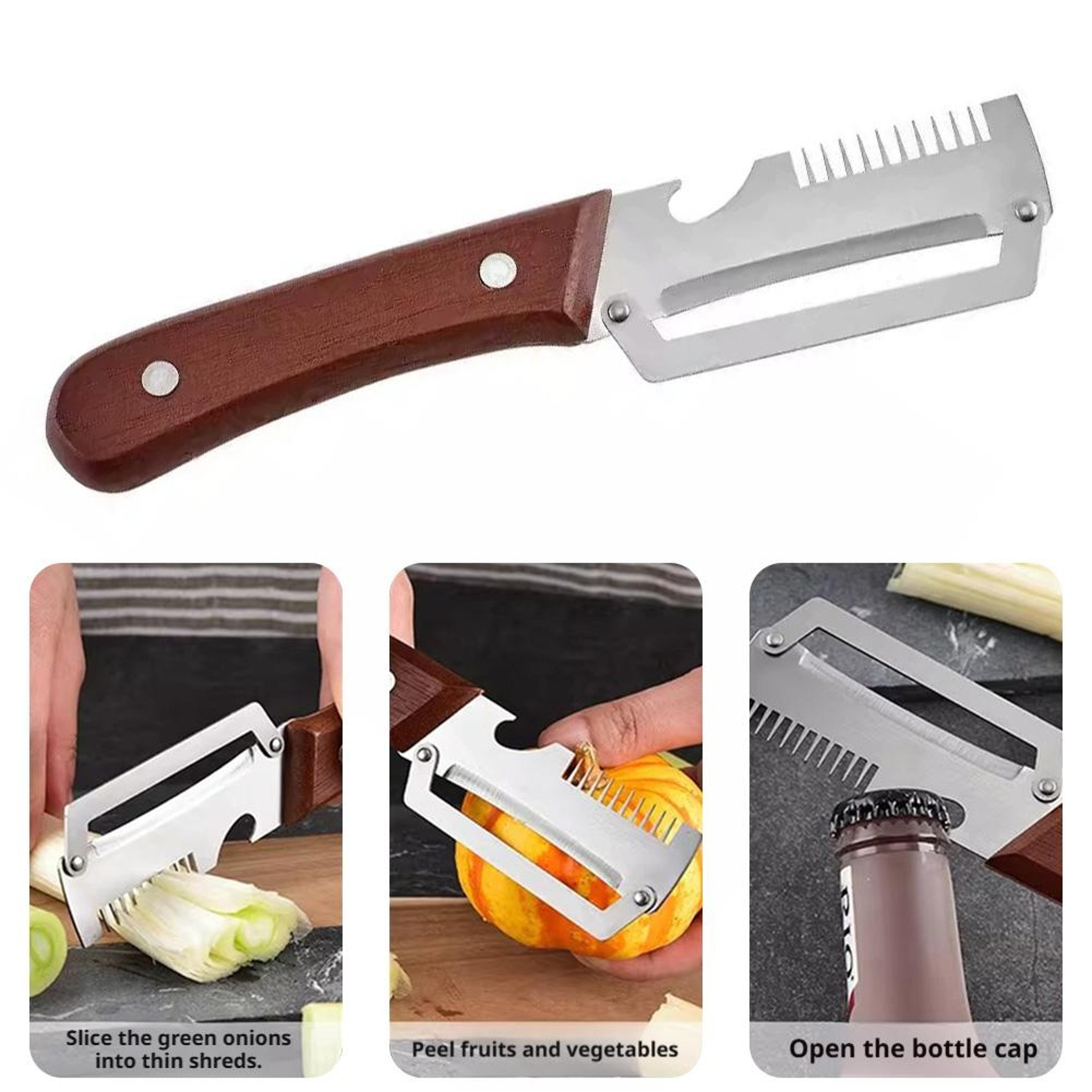 stainless steel vegetable peeler with wooden handle & bottle opener