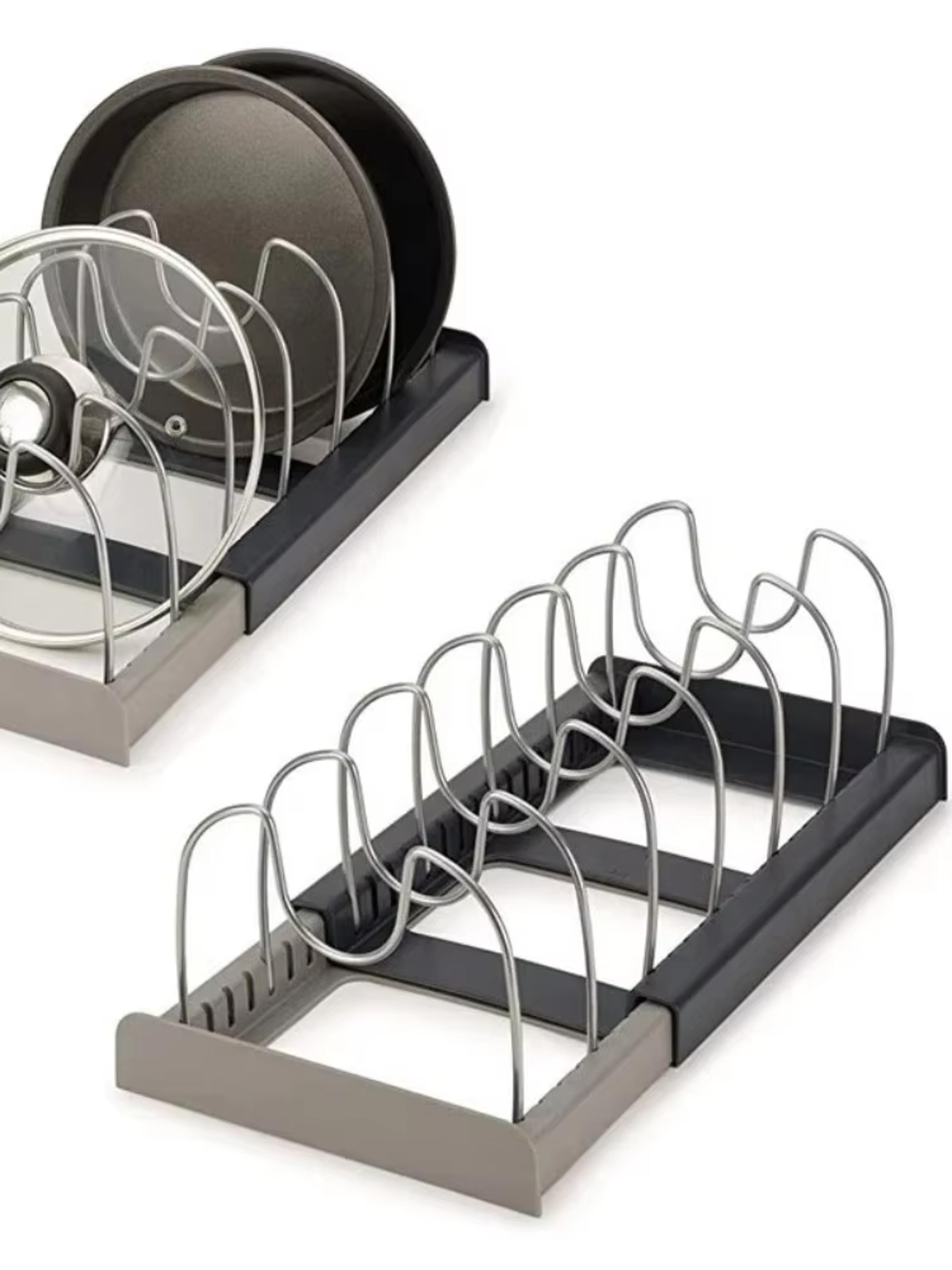 expandable stainless steel pot & pan organizer rack for kitchen cabinets and countertops