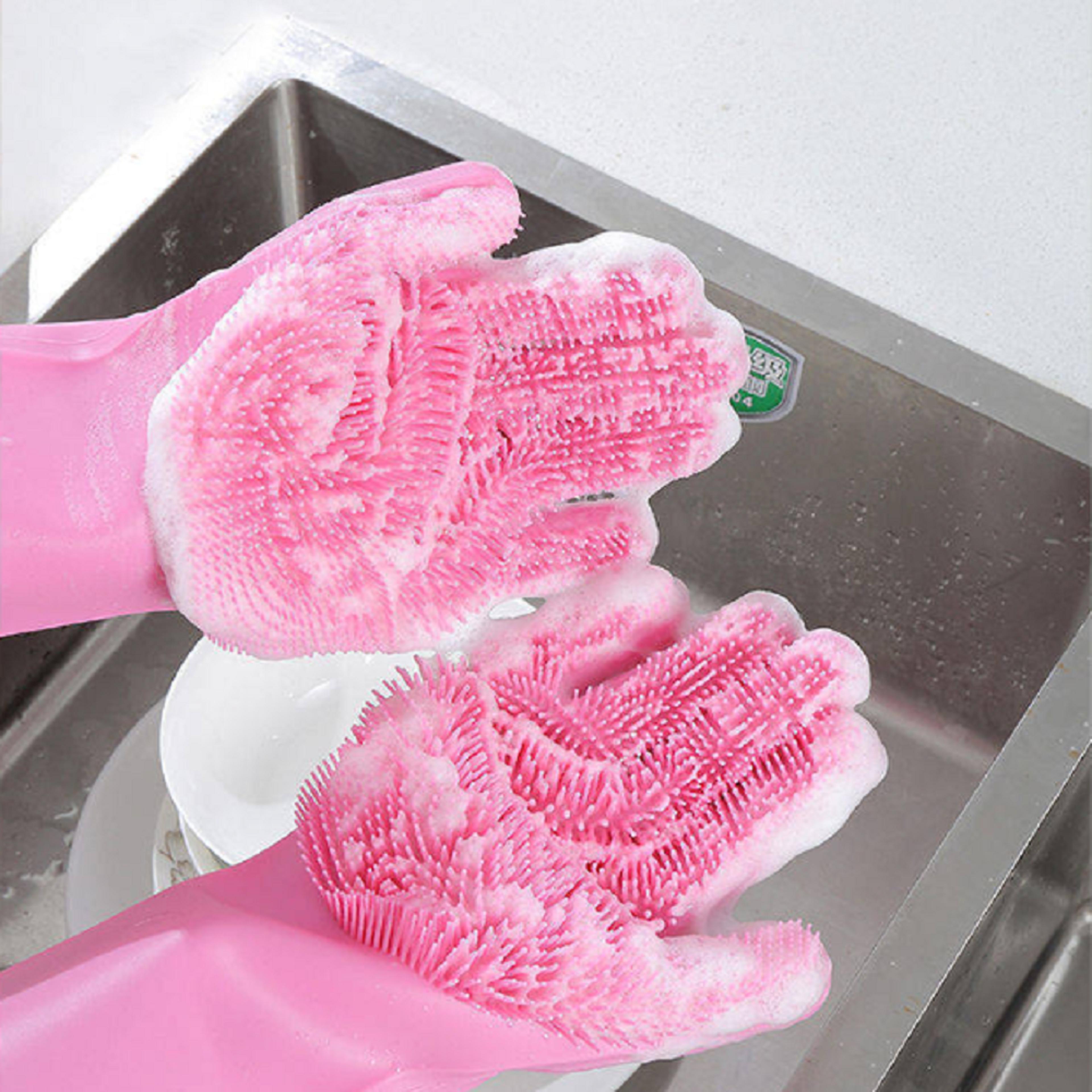 silicone dishwashing gloves with built in scrubber reusable kitchen cleaning gloves for dishes, laundry & pet bathing