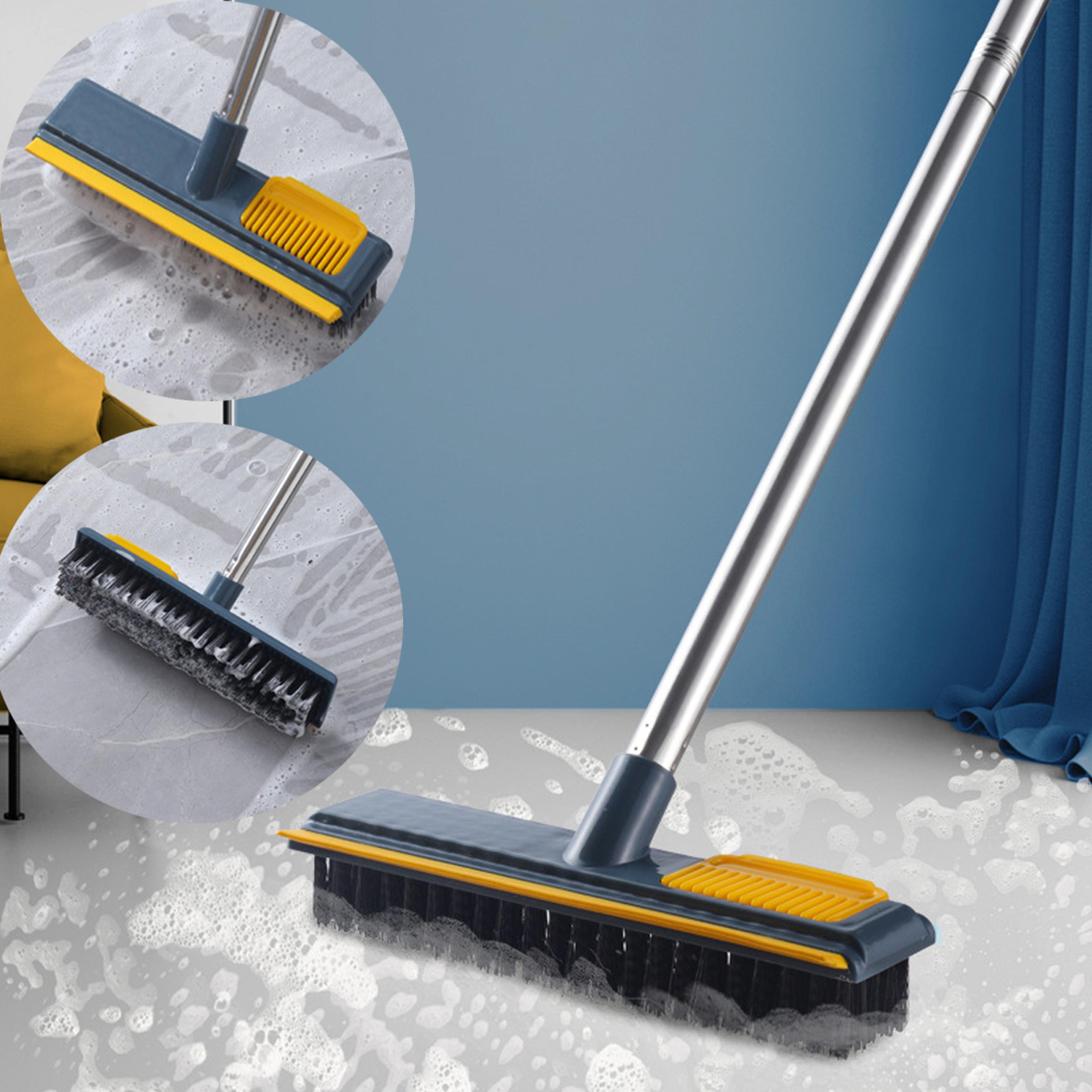 floor scrub brush with long handle & squeegee for bathroom, tile, wall and window cleaning