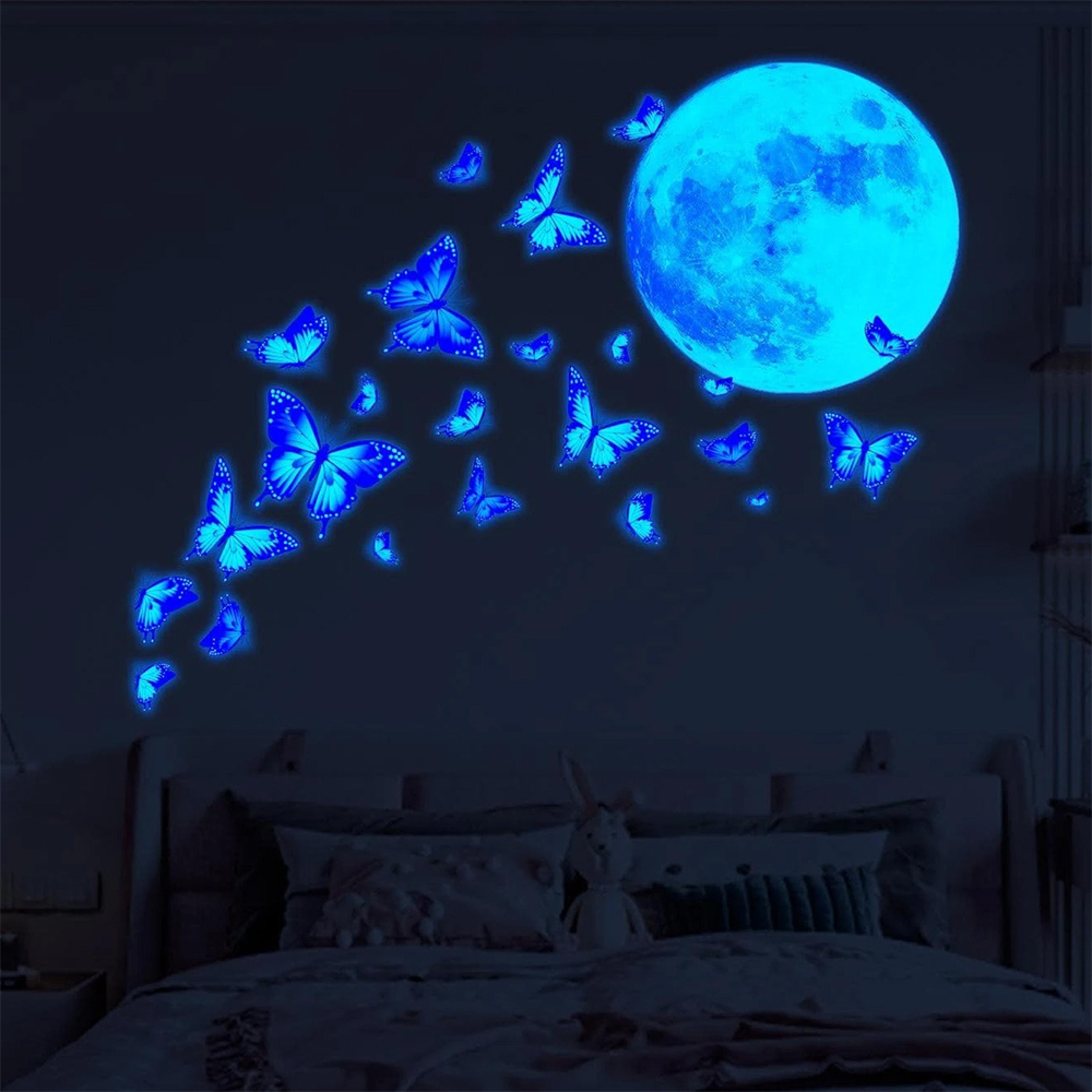 glow in the dark wall stickers moon & butterfly luminous bedroom wall decor piece set