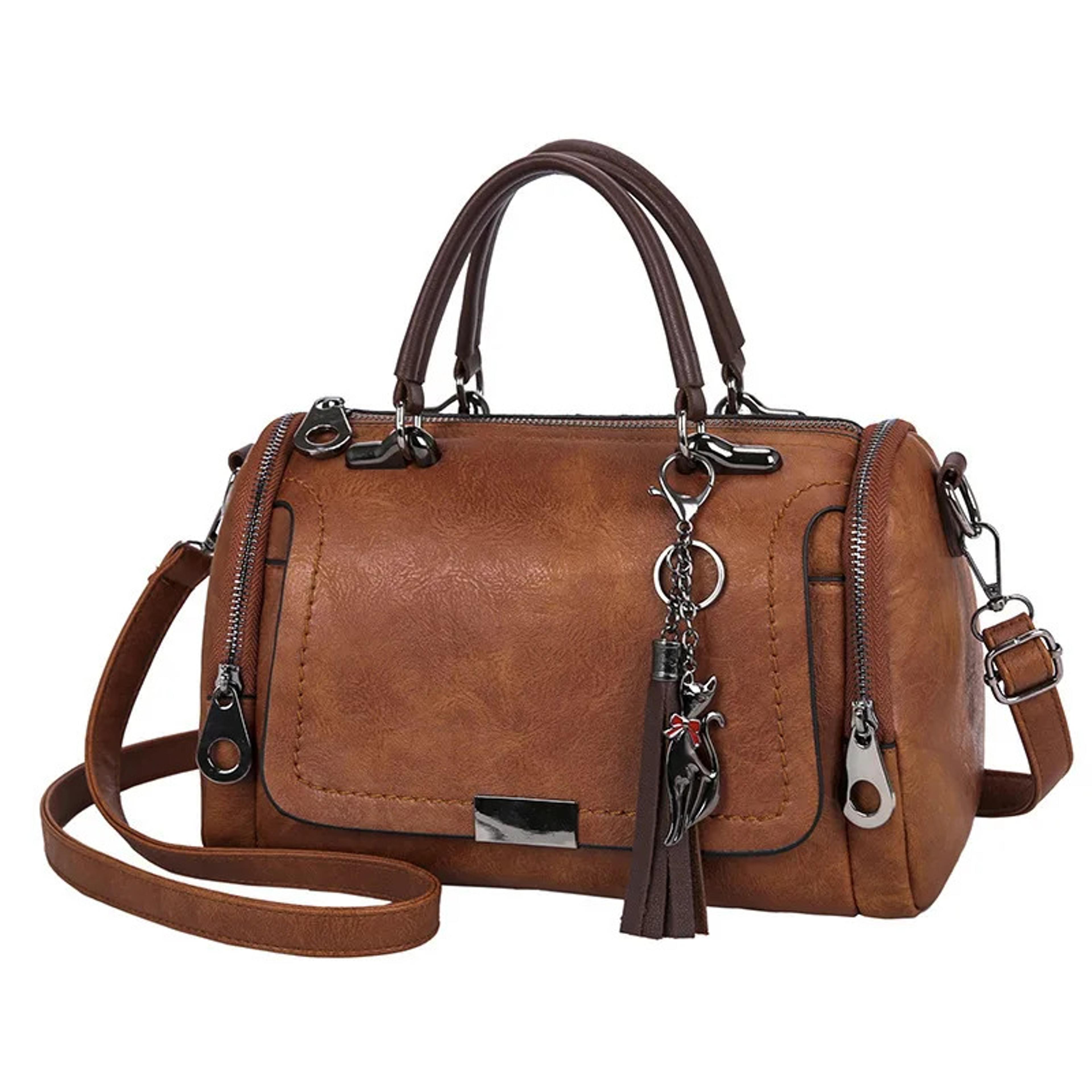 large capacity women boston handbag with tassel and detachable chain strap