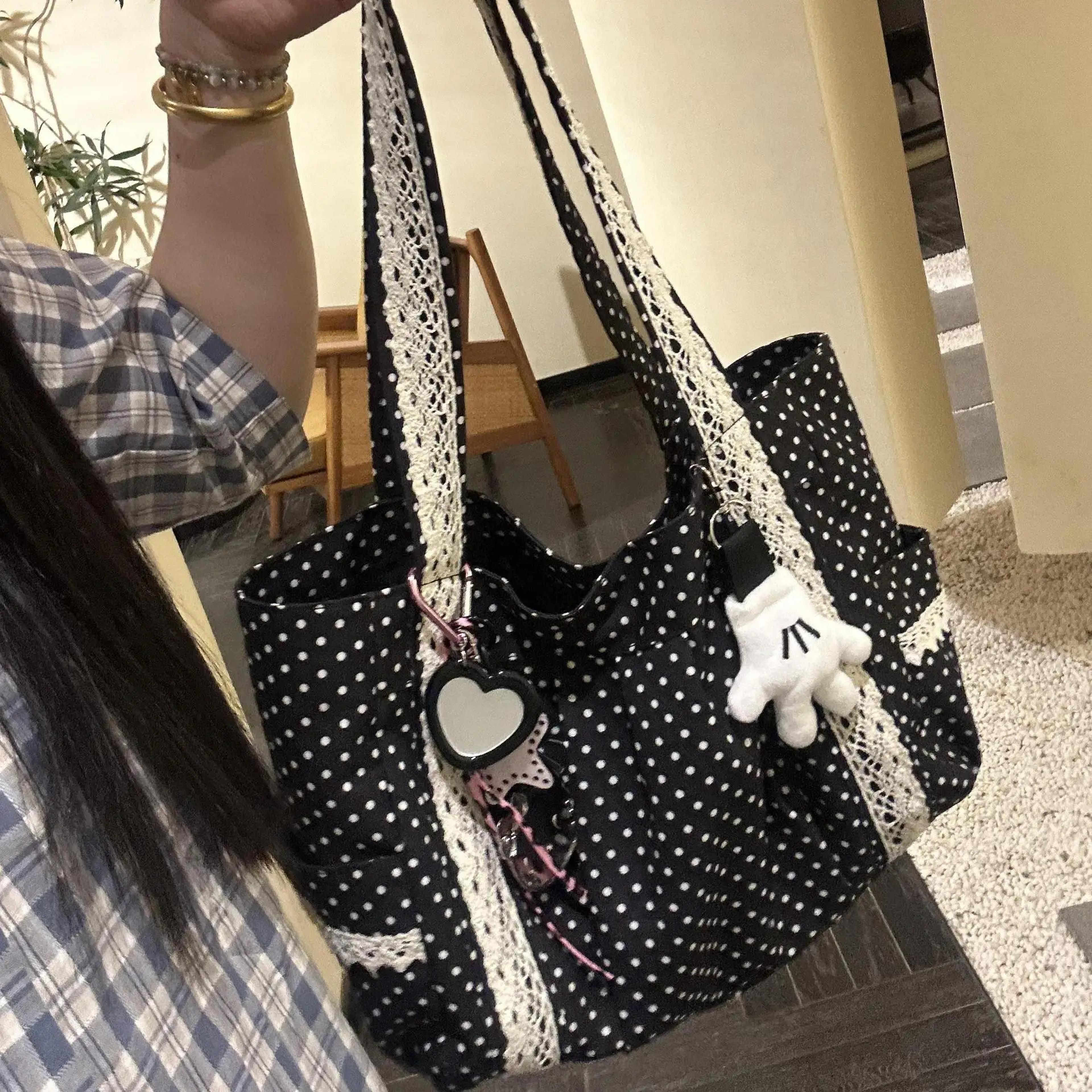 korean vintage canvas tote bag with lace large capacity multi pocket shoulder handbag