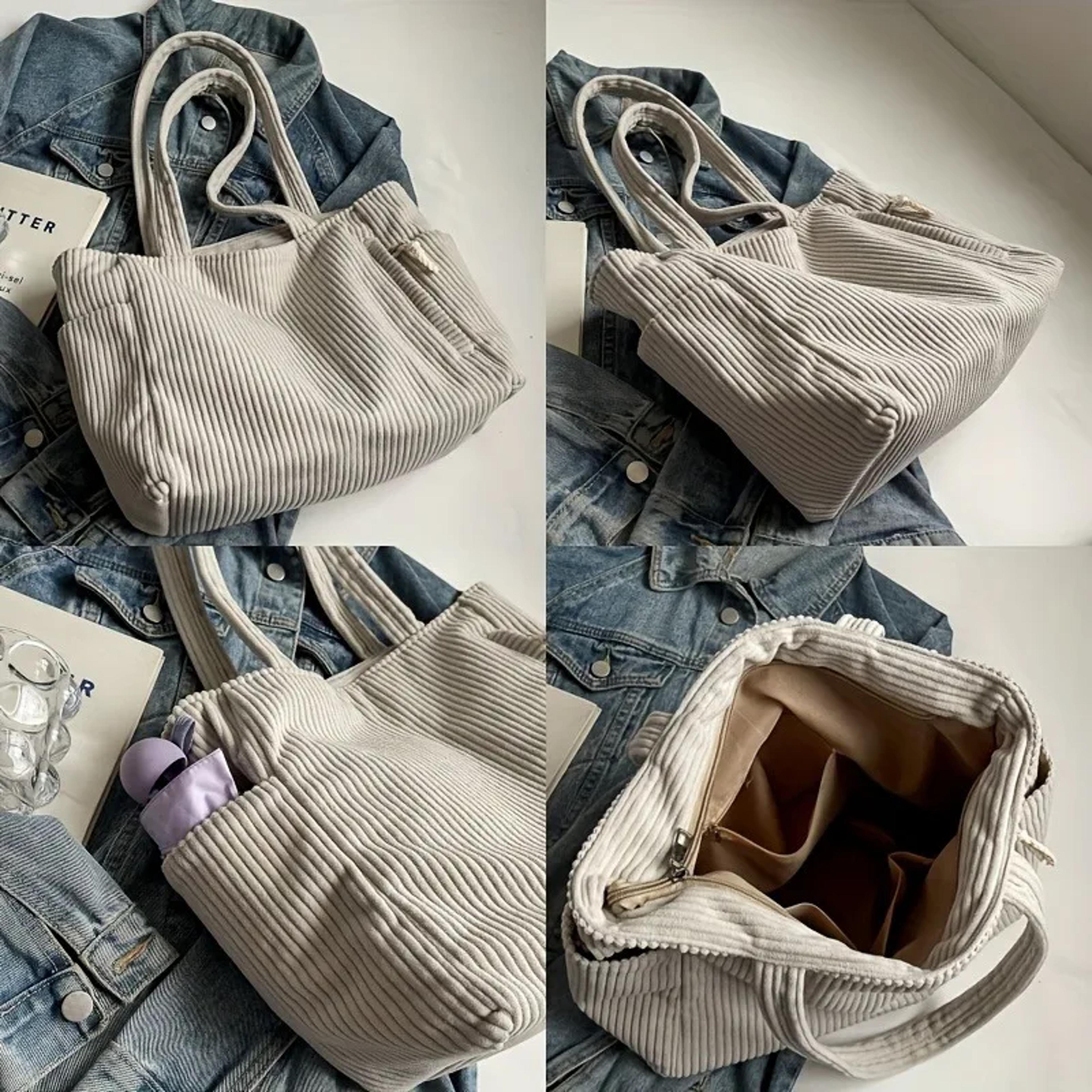 soft corduroy tote bag for women with zipper large capacity casual shoulder handbag