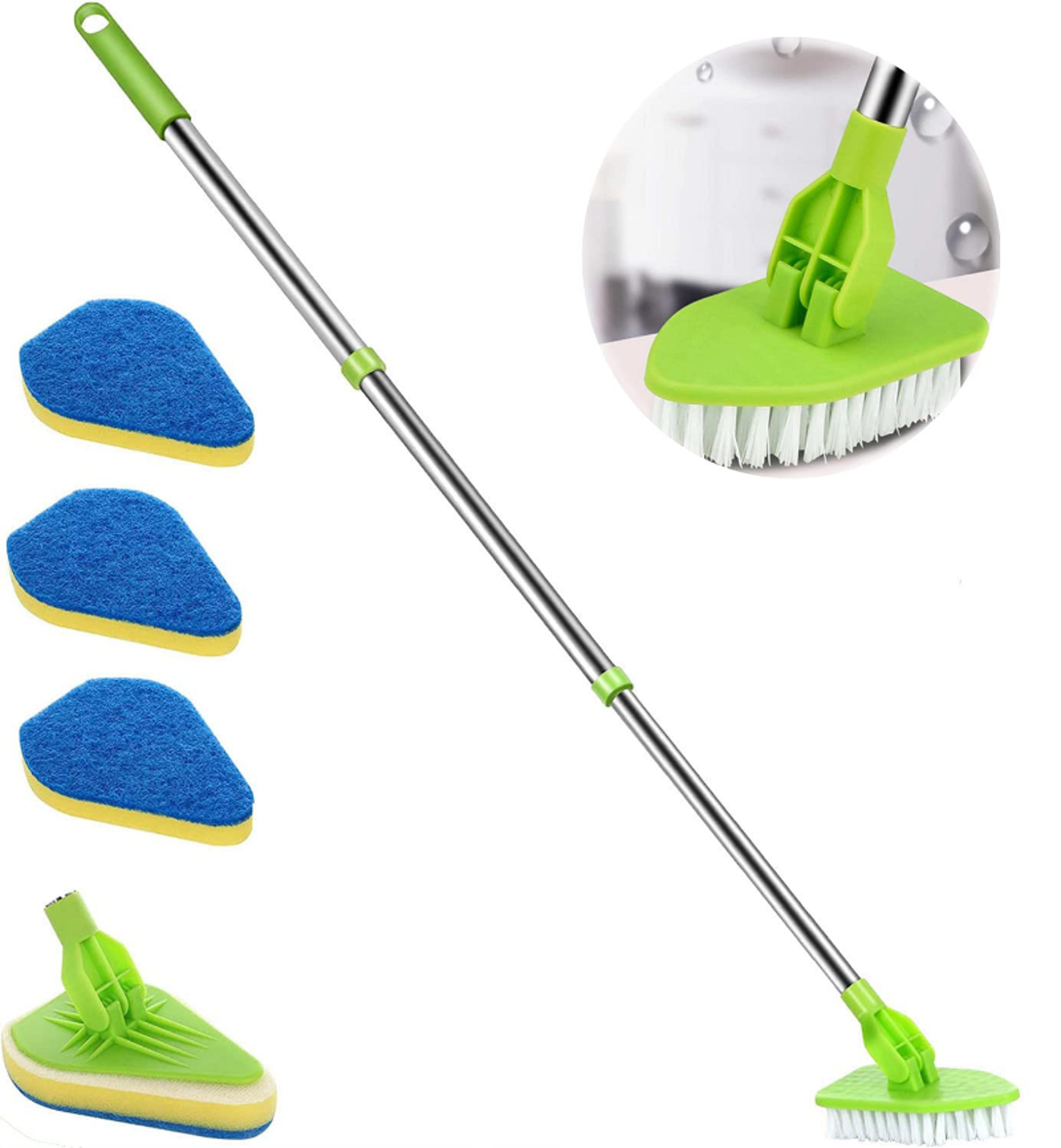 triangle telescopic cleaning brush with sponge pad & glass wiper for windows, bathroom & floor cleaning