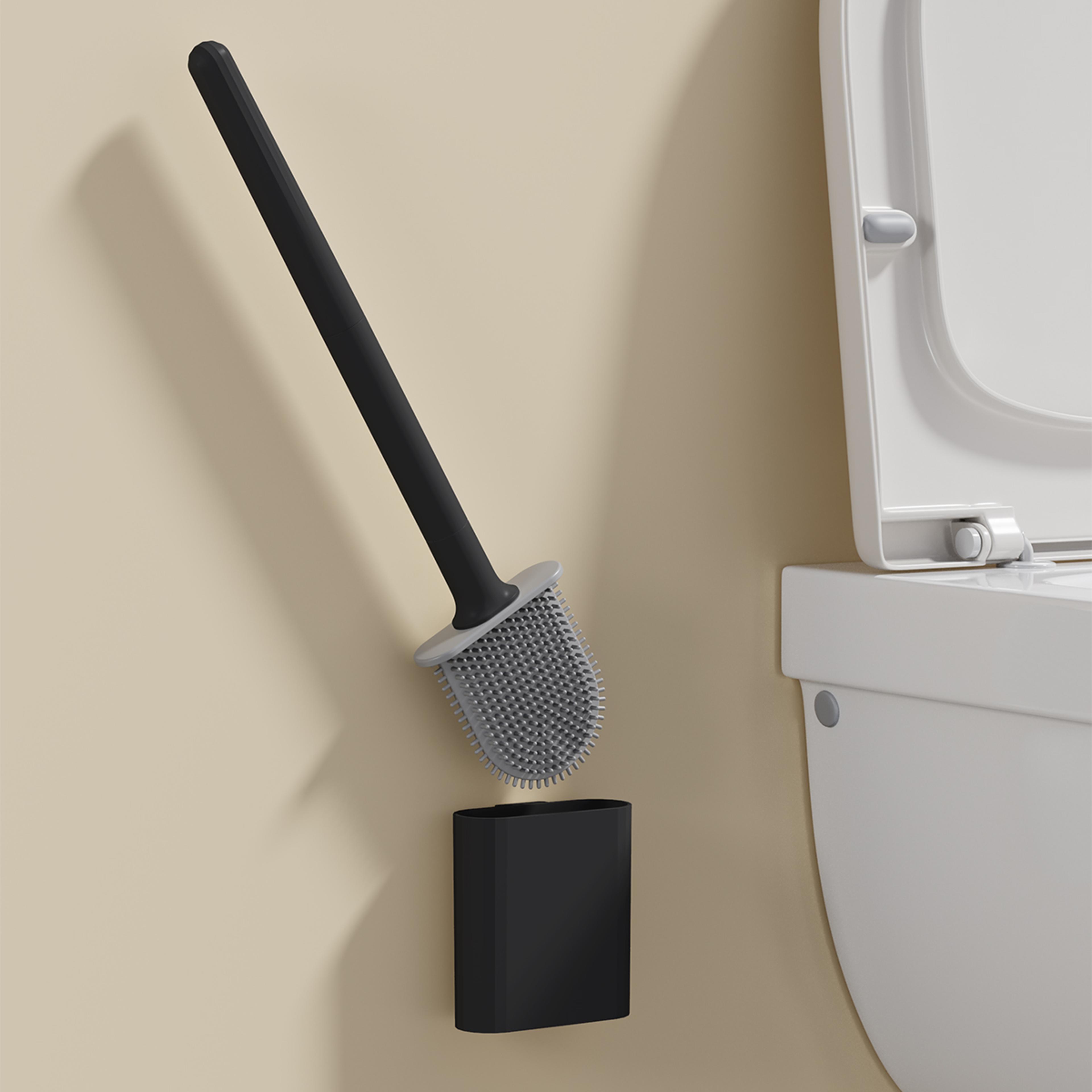 flexible silicone toilet brush with quick drying holder and long handle bathroom cleaner