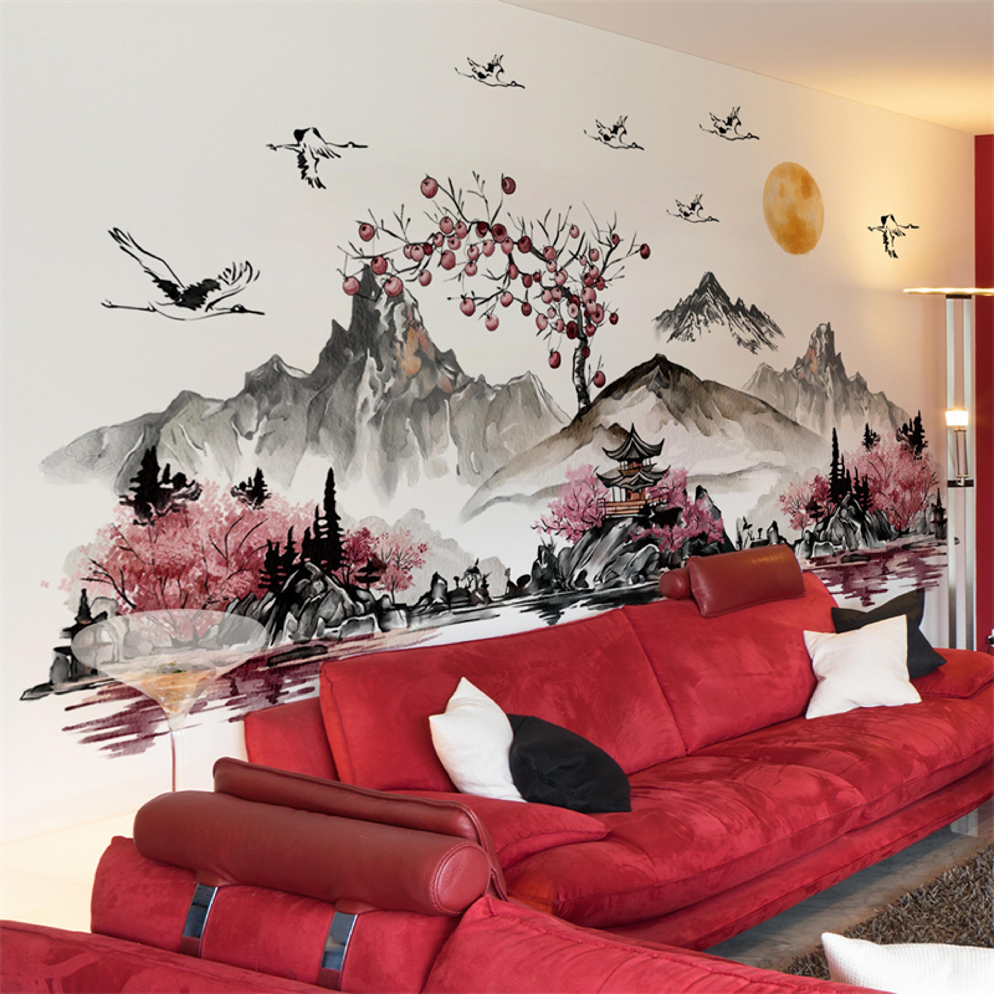 chinese landscape crane wall decal self adhesive wall mural for living room home decor