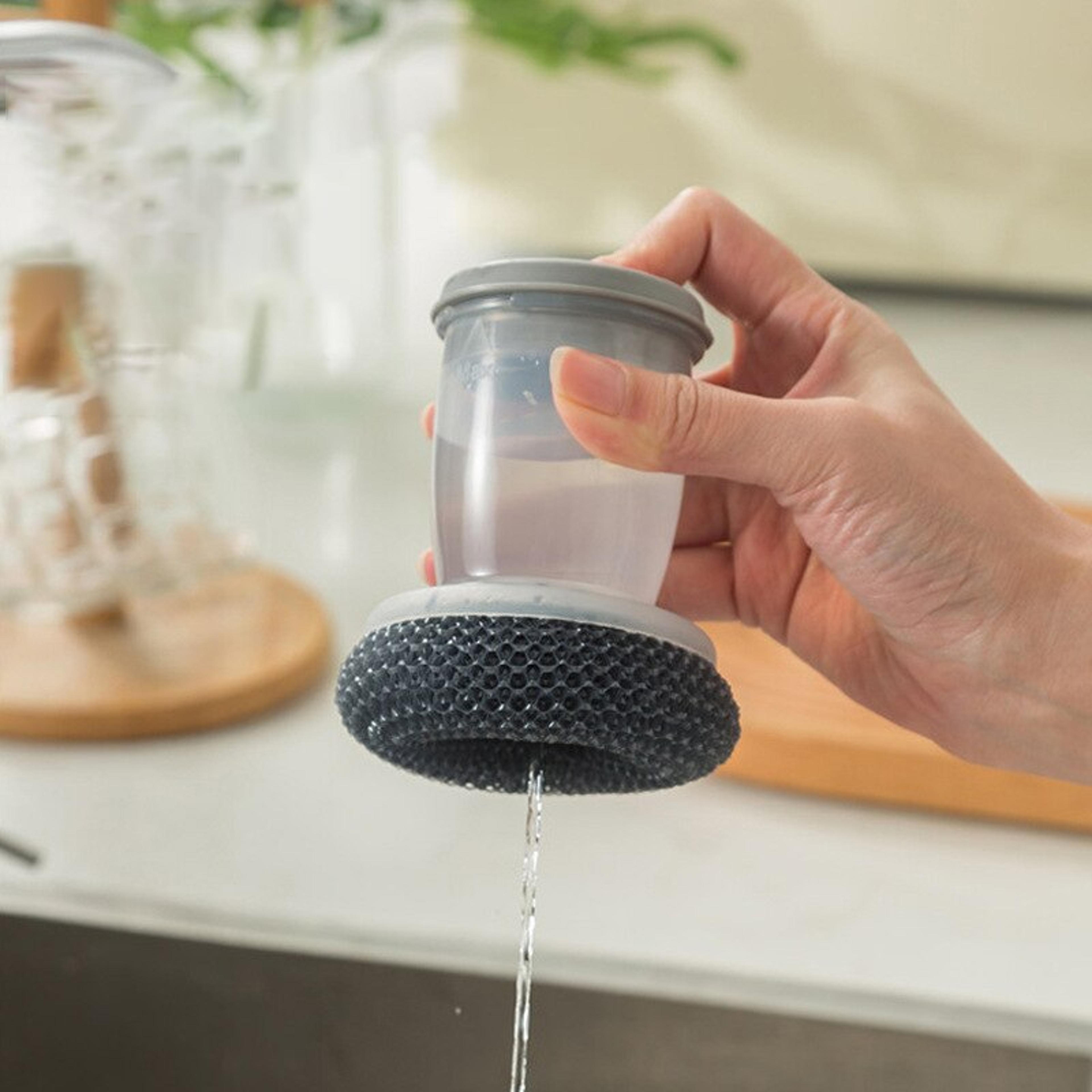 portable soap dispensing dish brush with refillable handle for easy kitchen sink cleaning