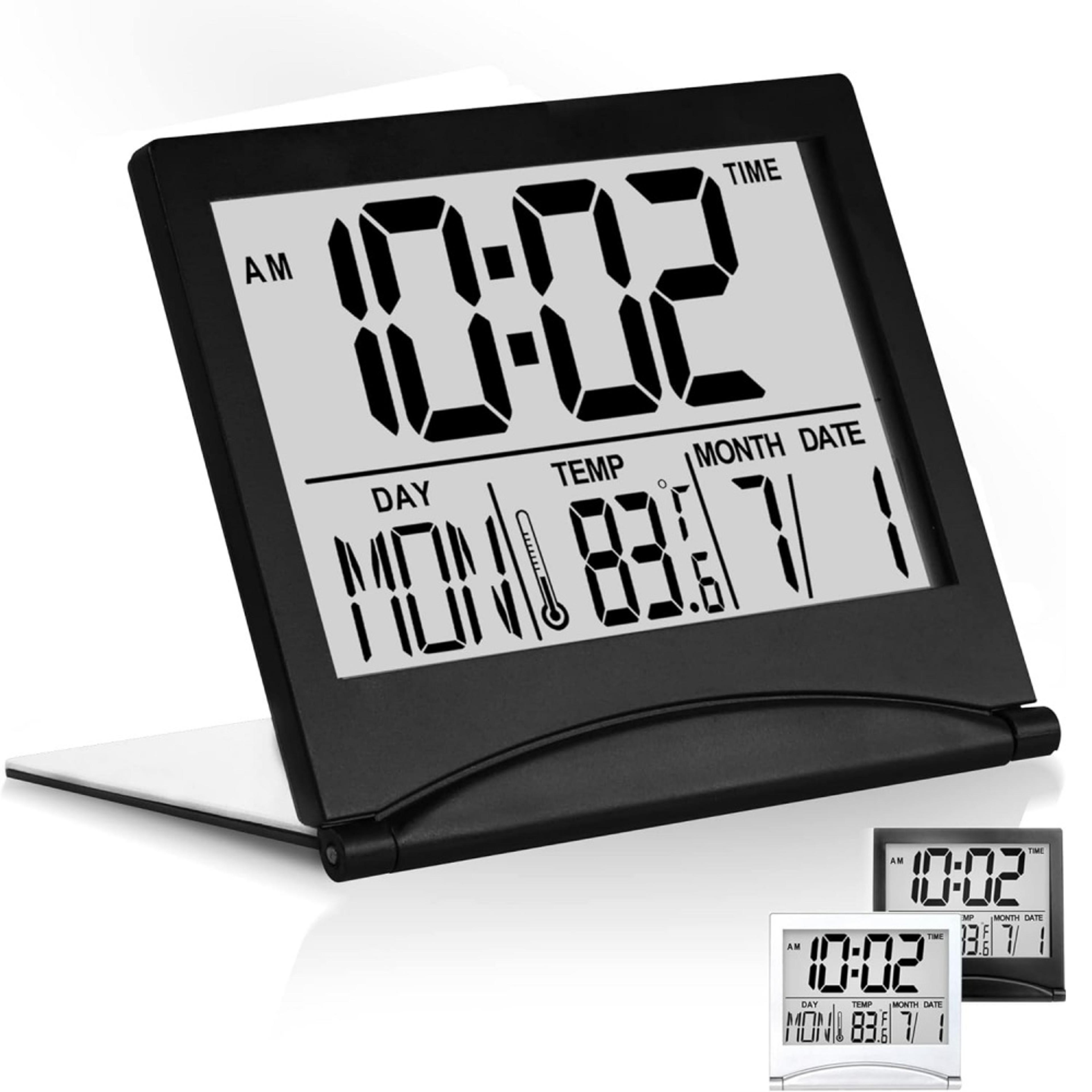 foldable digital alarm clock with backlit lcd calendar & snooze for travel and bedside