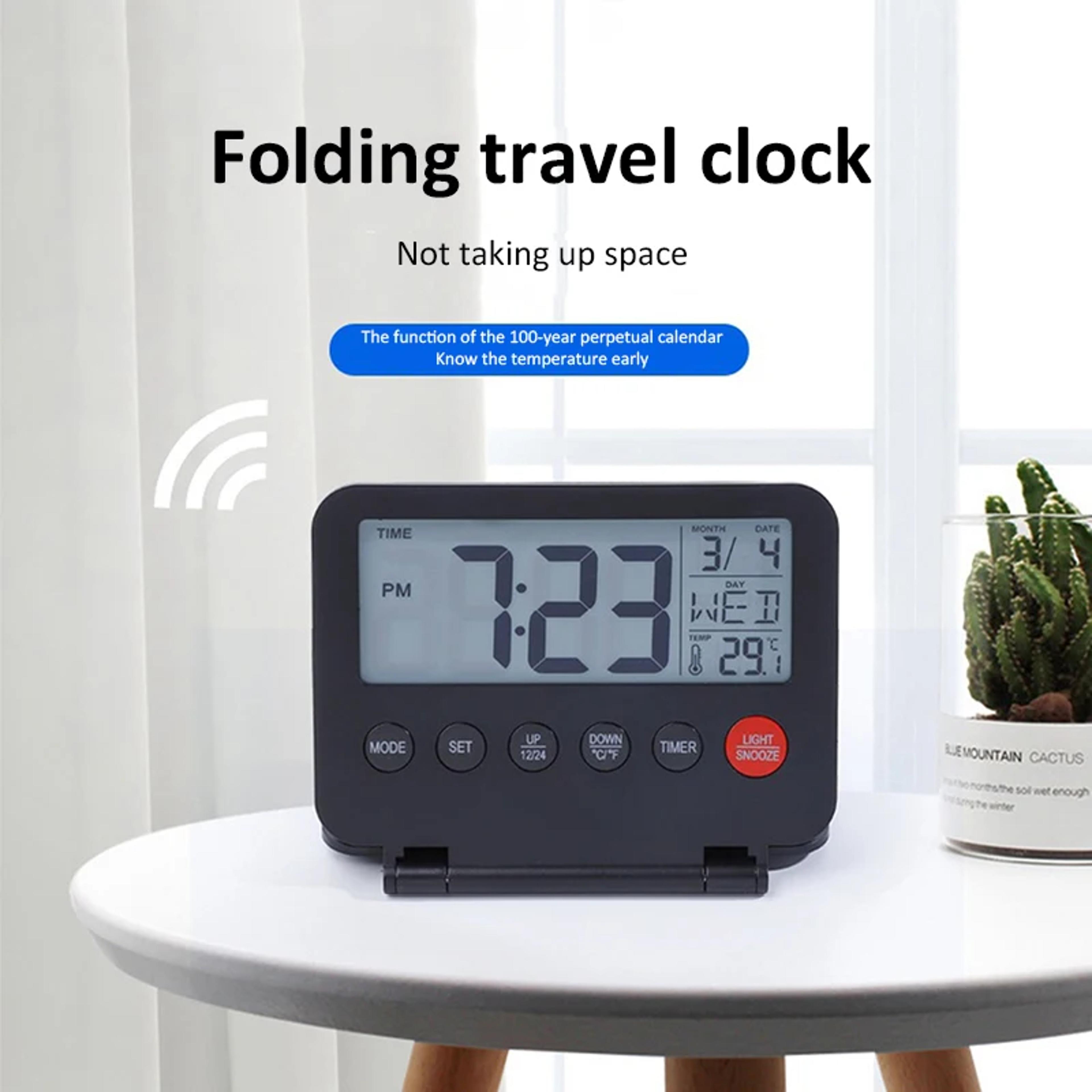 digital travel alarm clock with calendar, temperature & backlight folding lcd travel desk clock
