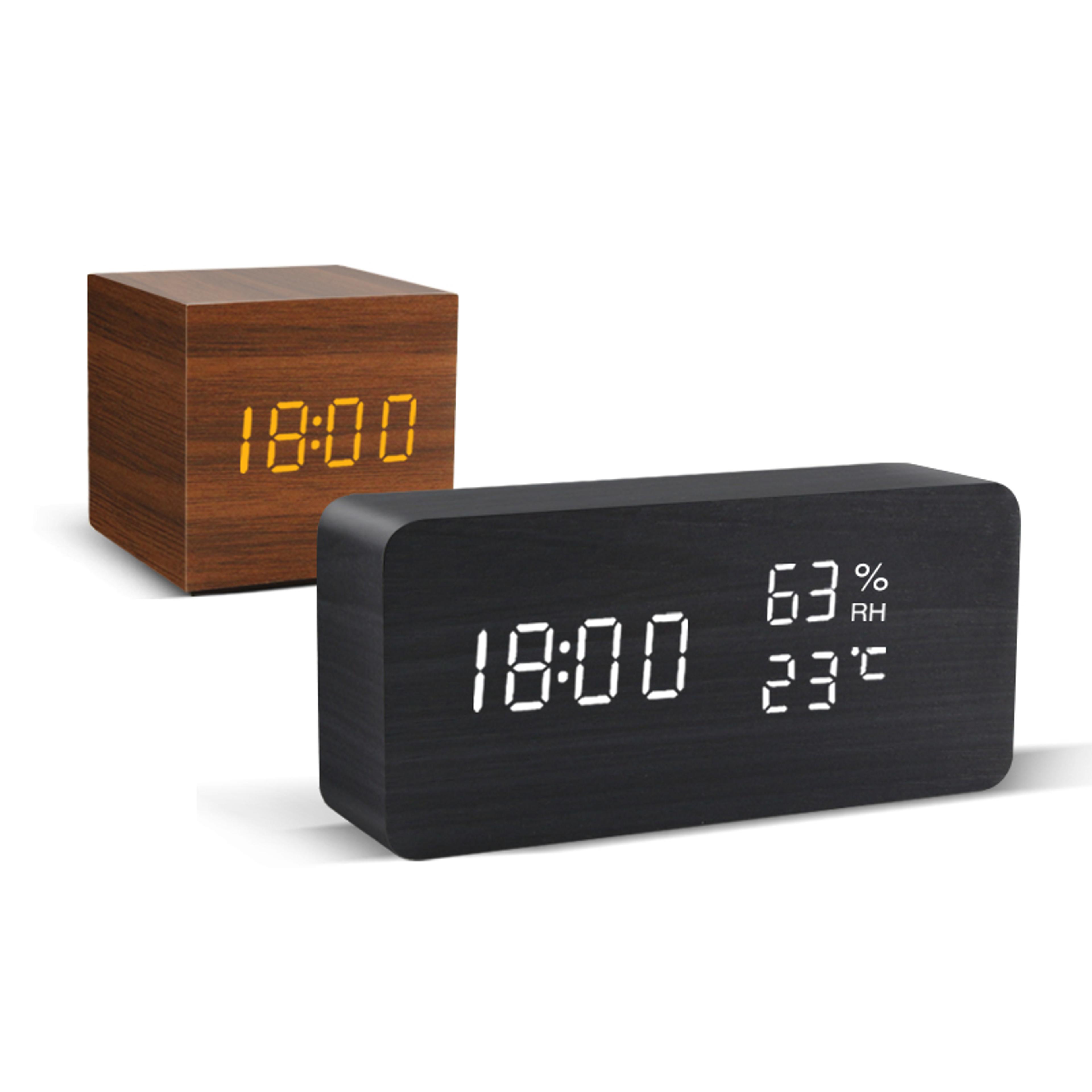 modern wooden digital alarm clock with led display, voice control, temperature & usb power