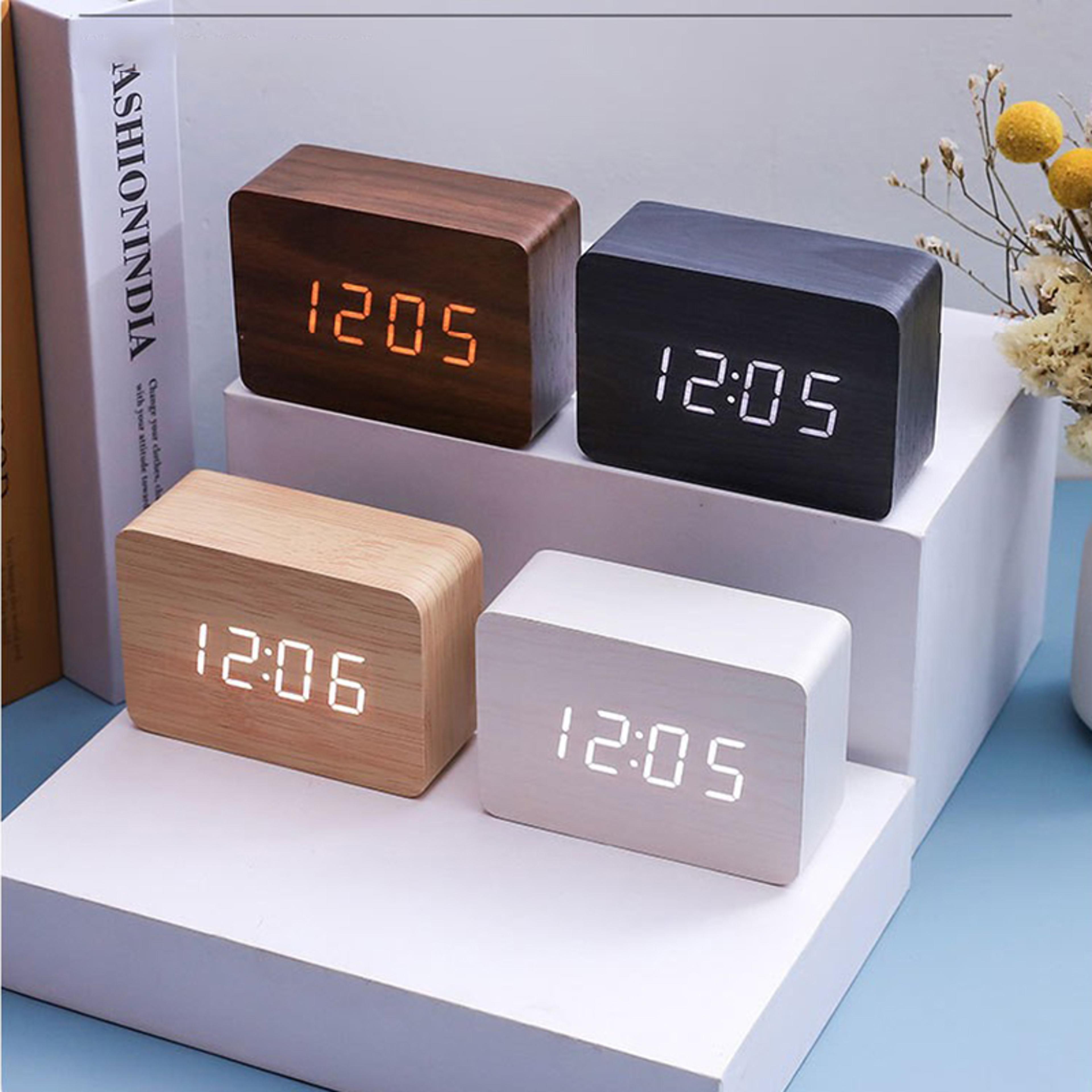 modern wooden digital alarm clock with led display & voice control for bedroom and office