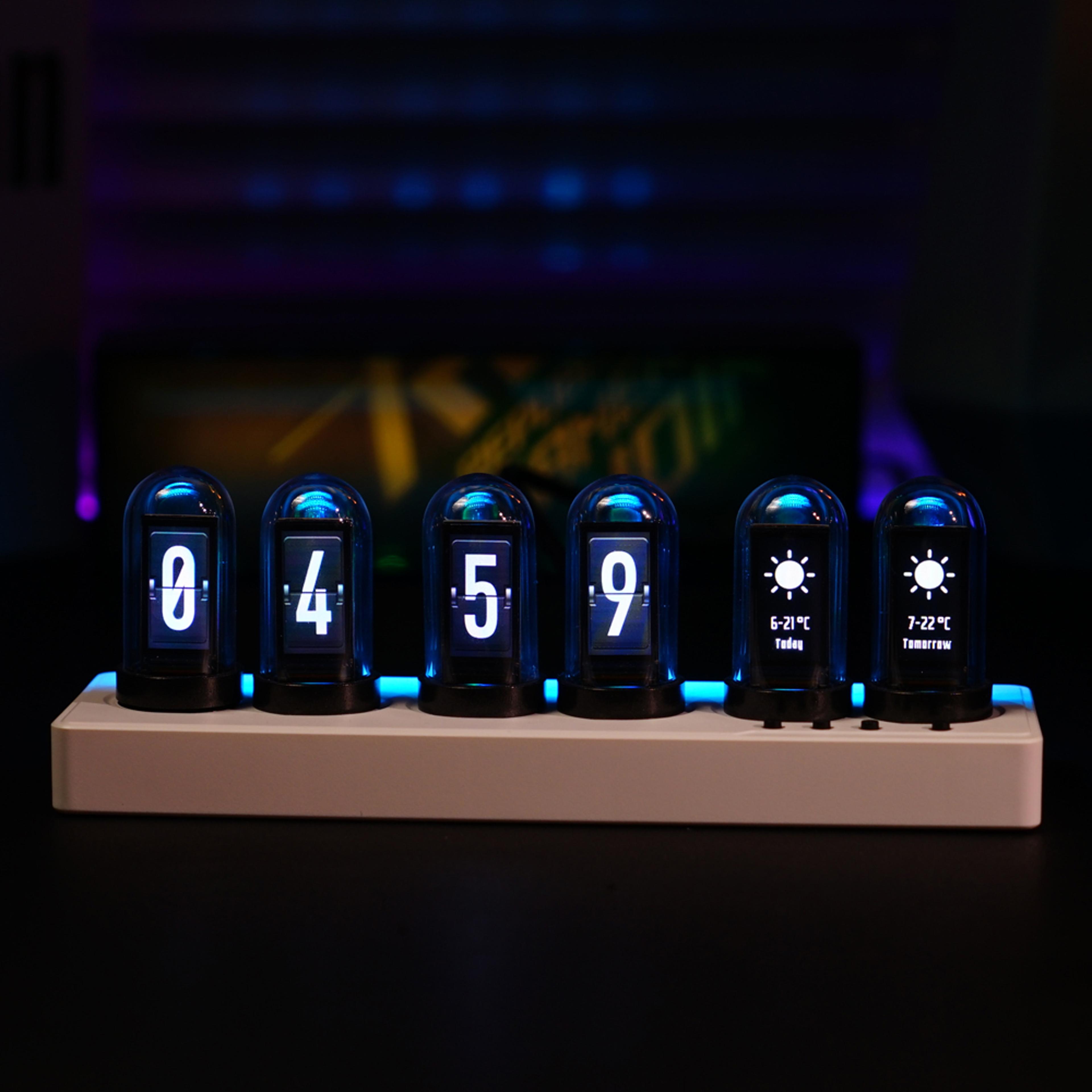 rgb nixie tube clock with ips display, rgb lights & custom diy faces gaming desk alarm clock