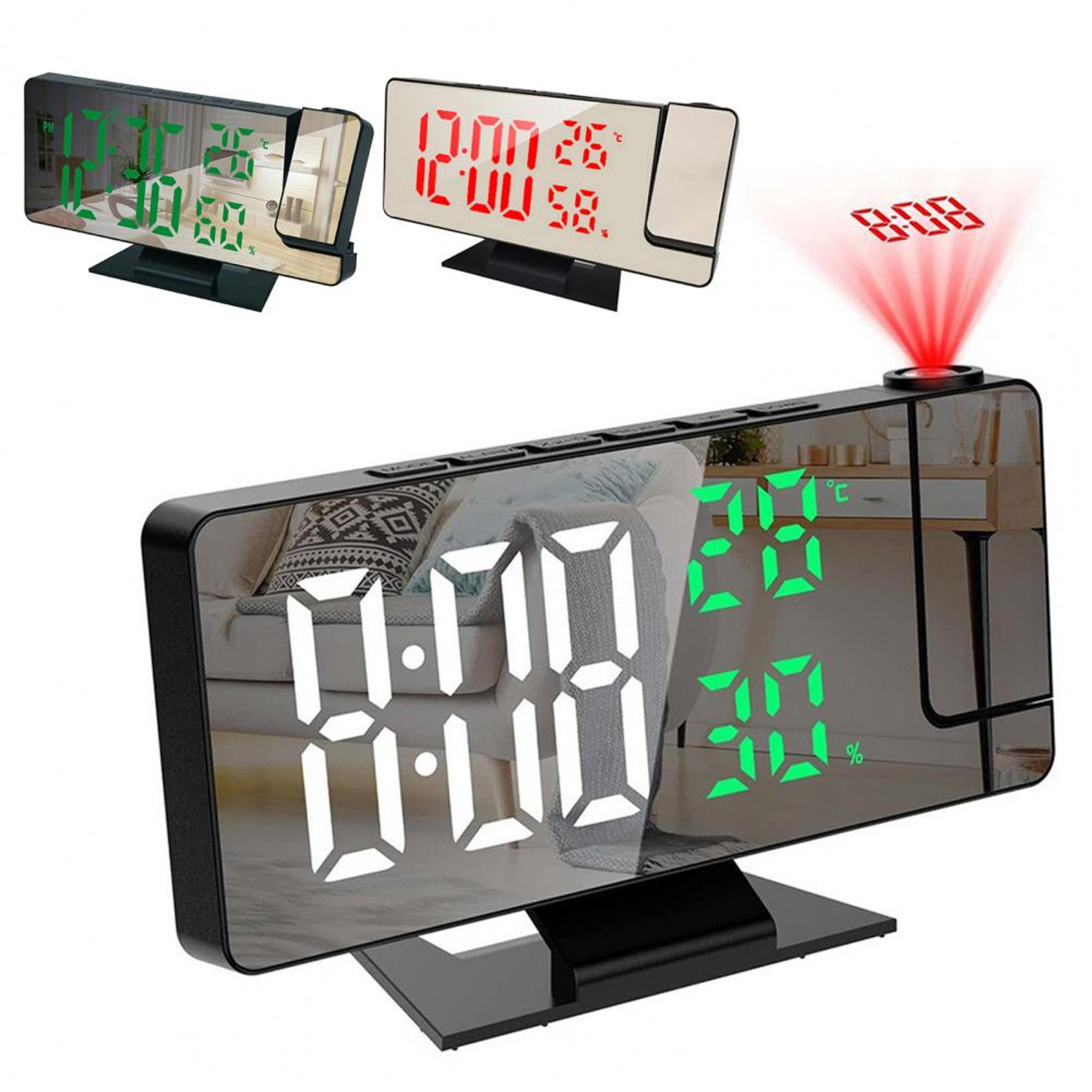 led digital projection alarm clock with mirror display, temperature monitor & snooze