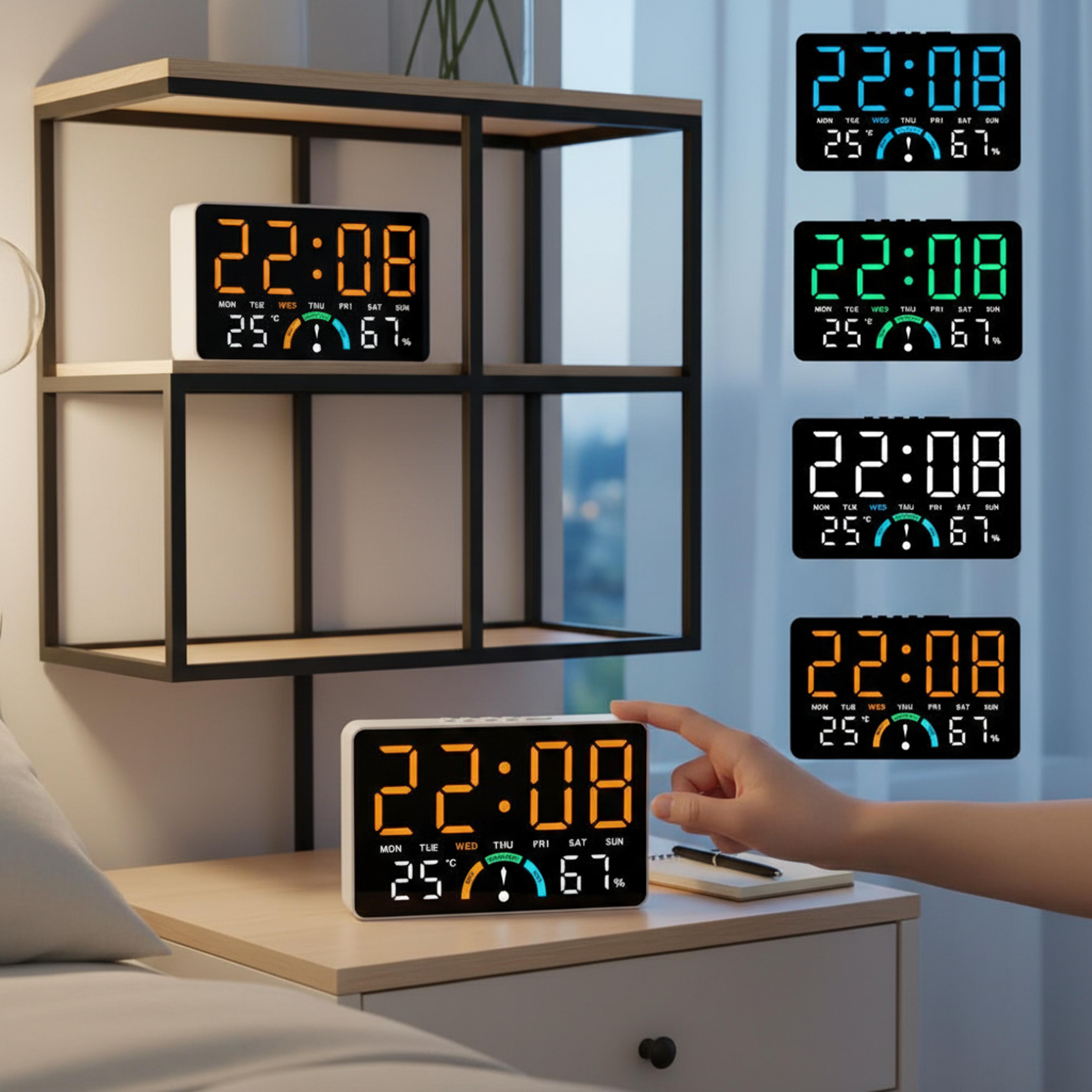 smart digital led wall clock with temperature display, voice control & dual wall/desktop design