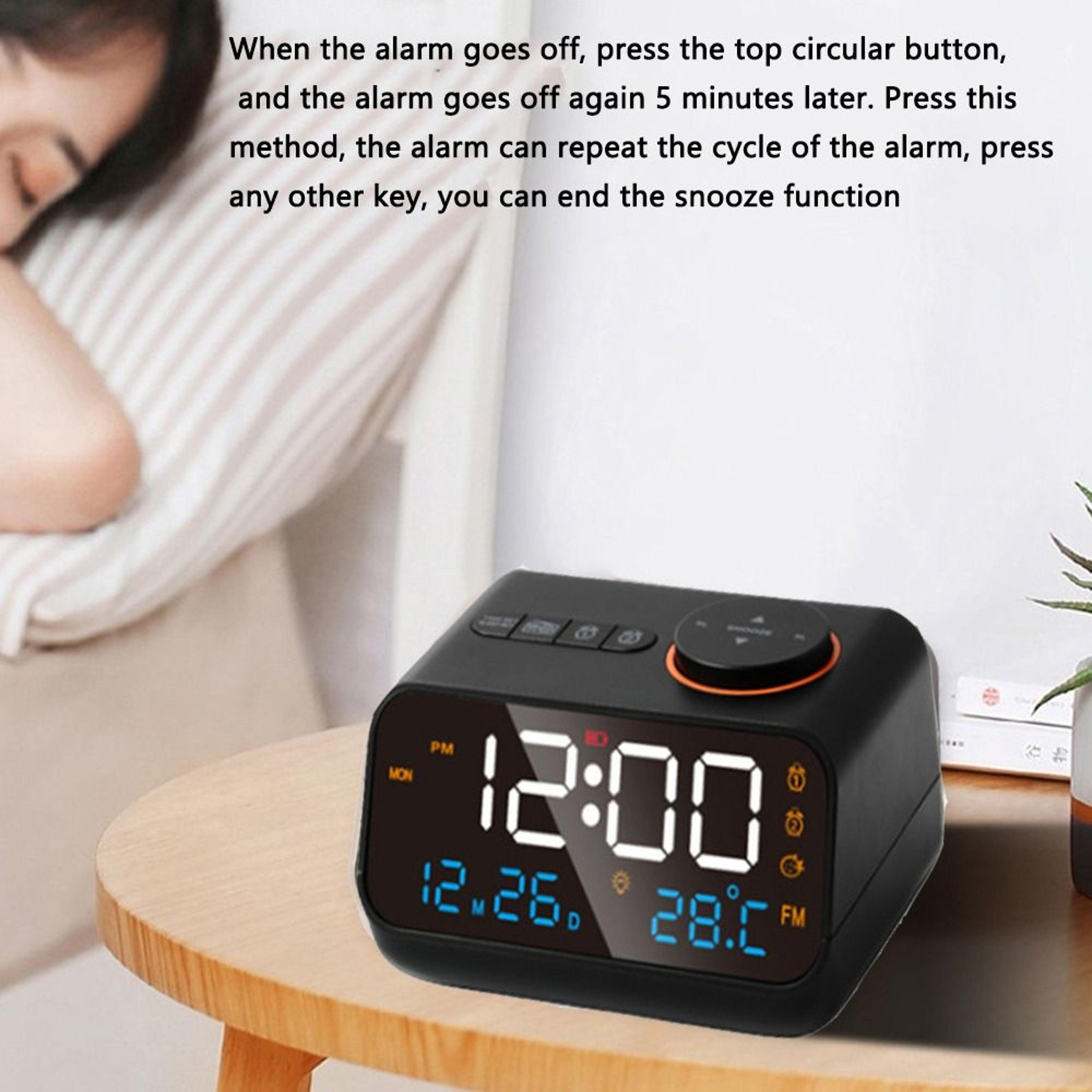digital alarm clock with fm radio, usb charging, led bedside clock, thermometer & calendar display