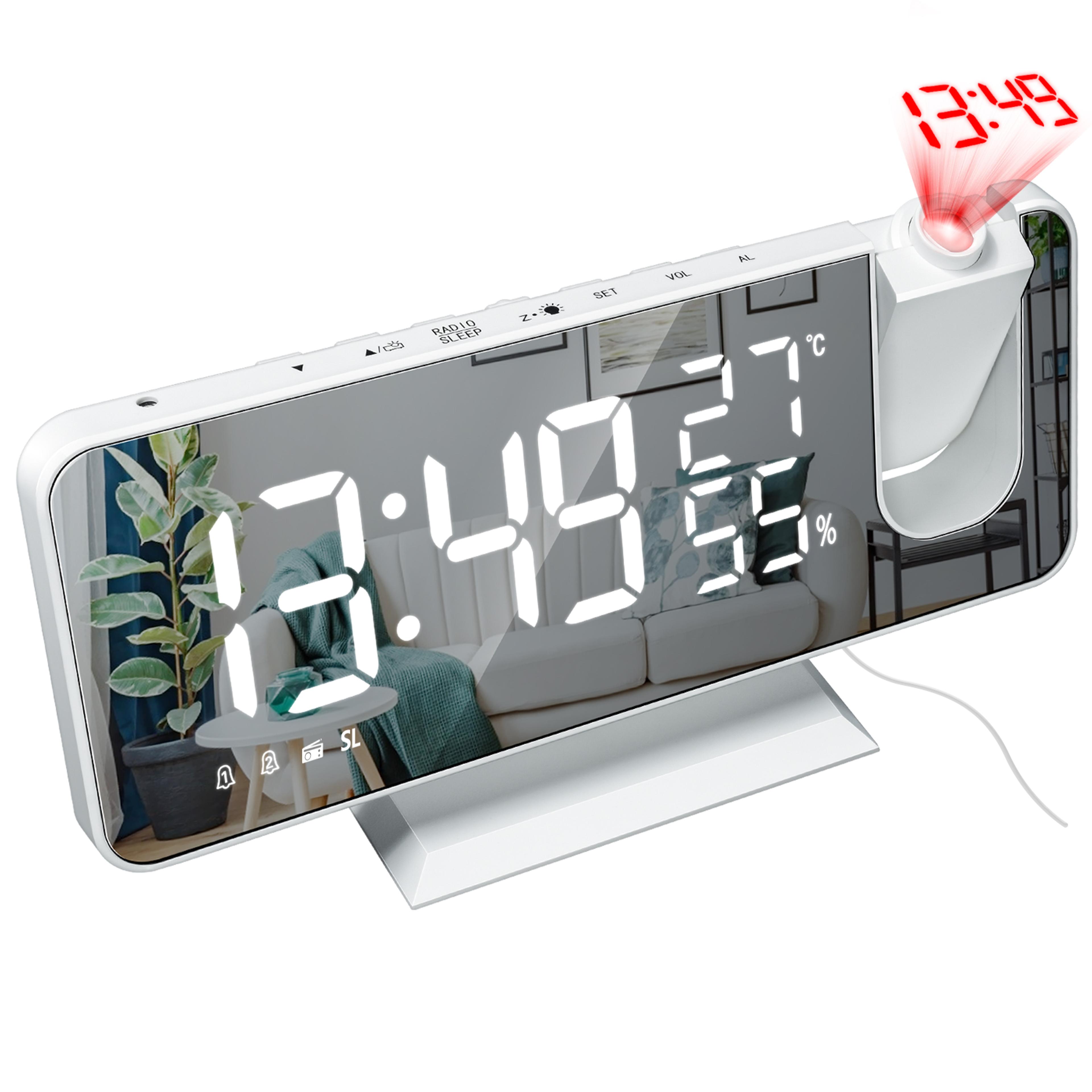 projection alarm clock with fm radio, large led display & auto dimming digital bedroom clock