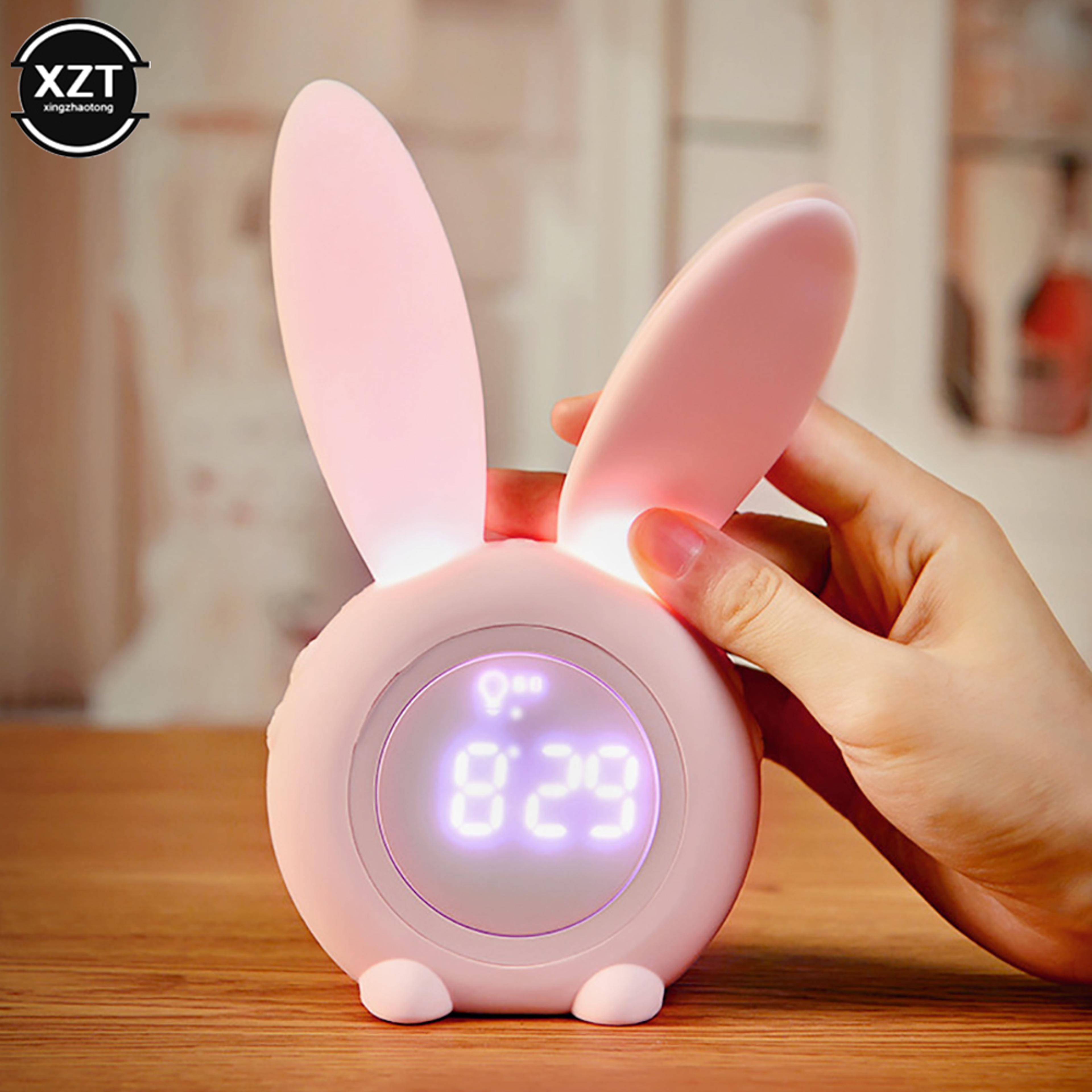 cute bunny alarm clock with led digital display & rabbit night light usb rechargeable