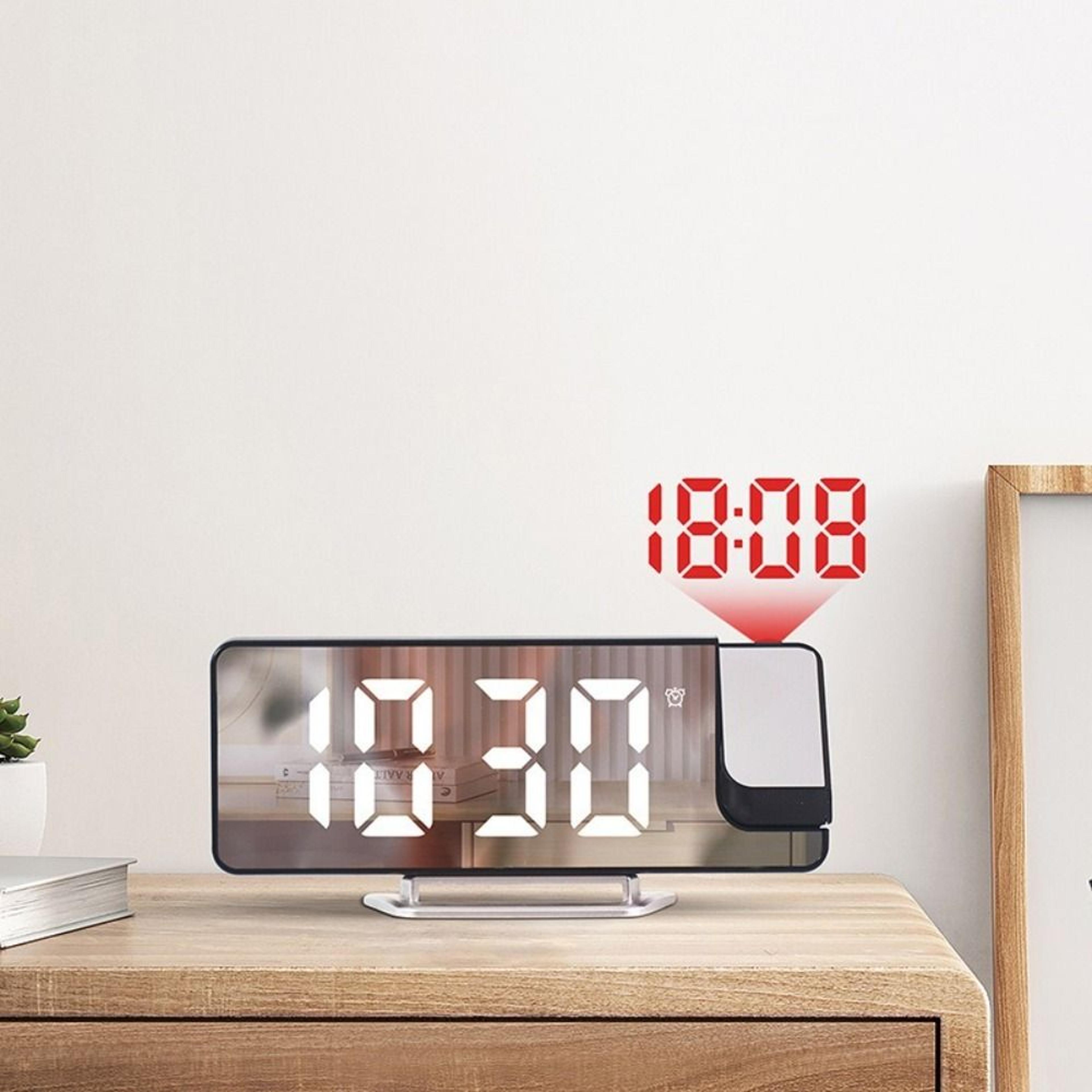 projection alarm clock with led mirror display temperature date and adjustable brightness