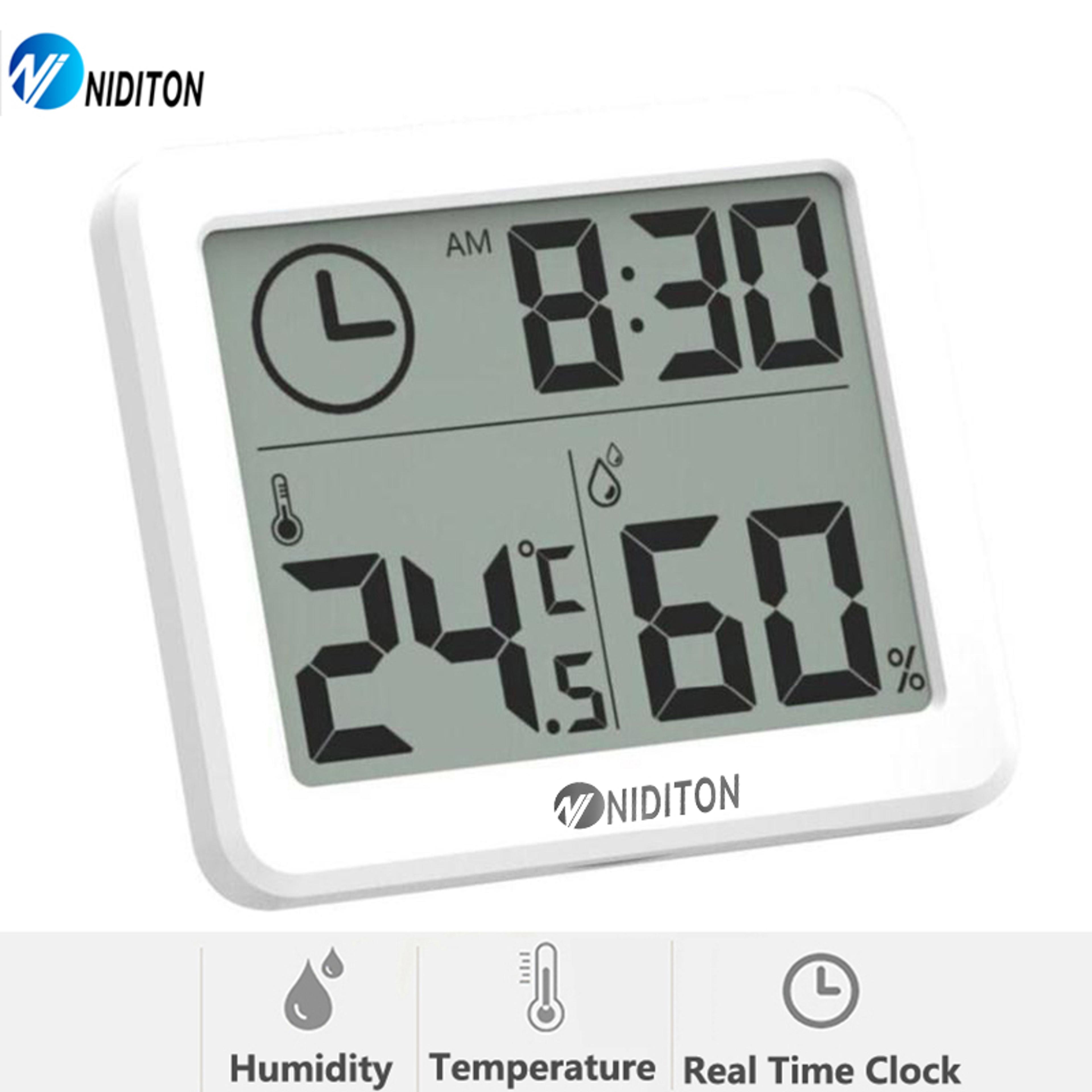 niditon digital wall clock with temperature & humidity display for desk or wall mount