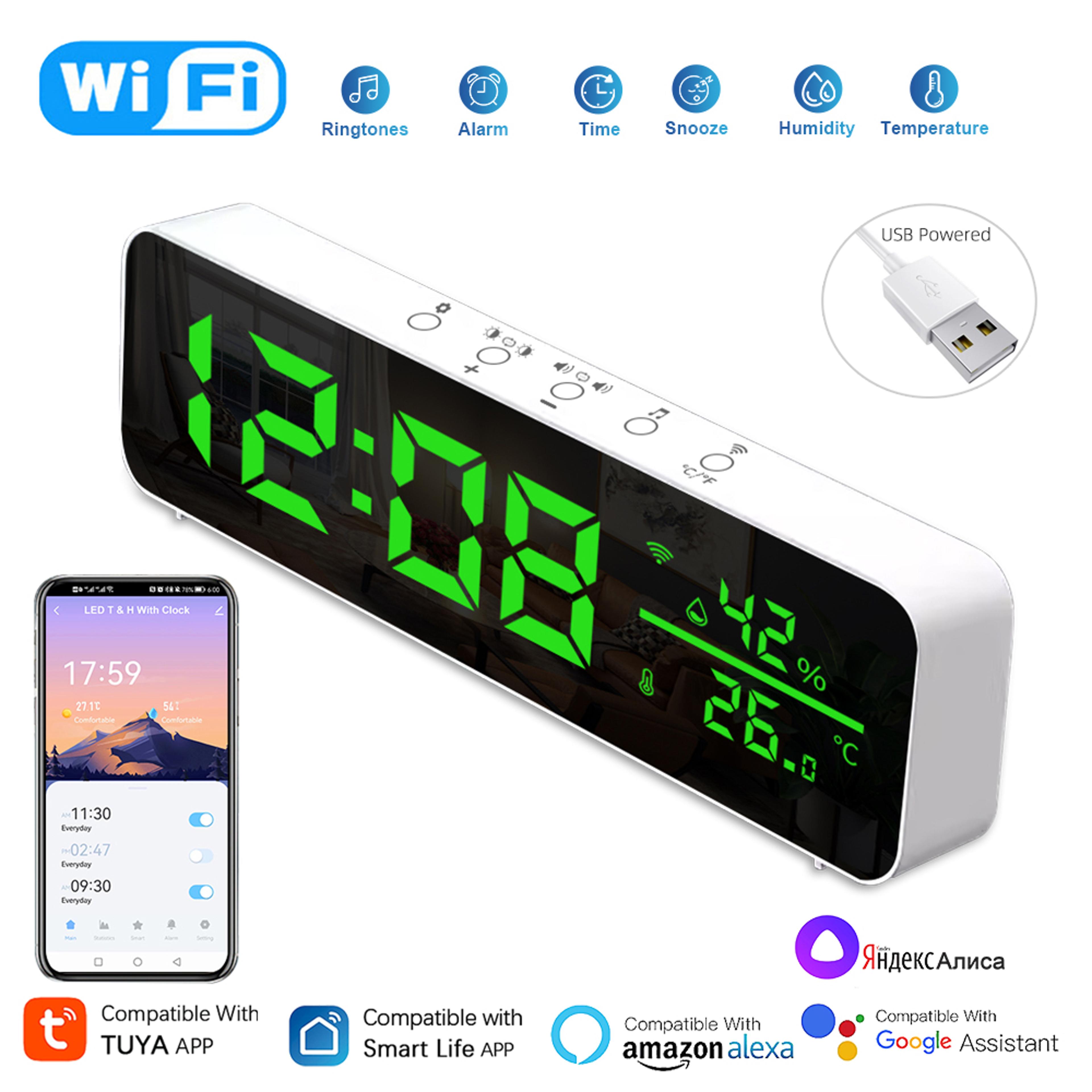 tuya wifi smart alarm clock with temperature humidity monitor & alexa smart life control