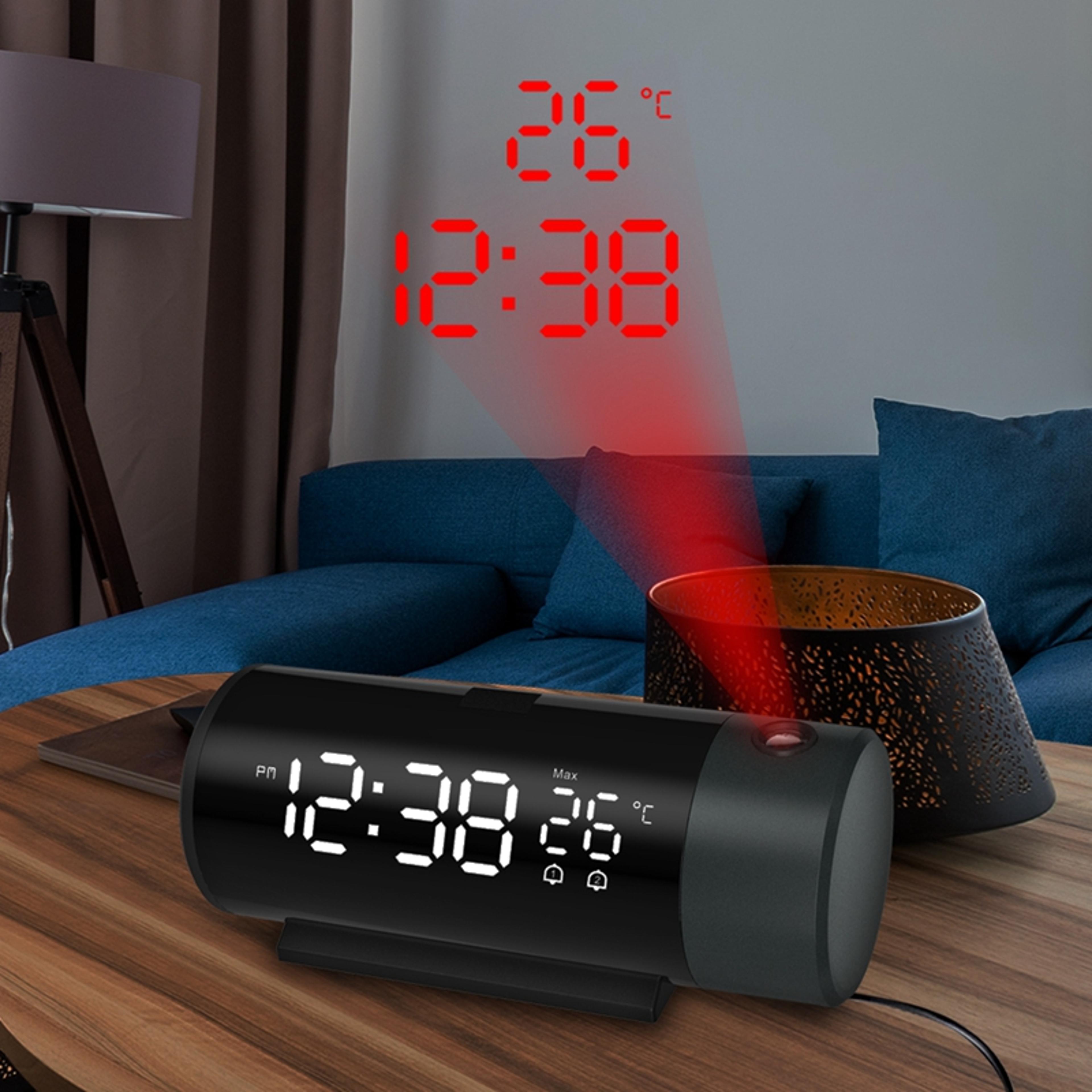 projection alarm clock with led display, dual alarm, usb charger & rotating ceiling projection