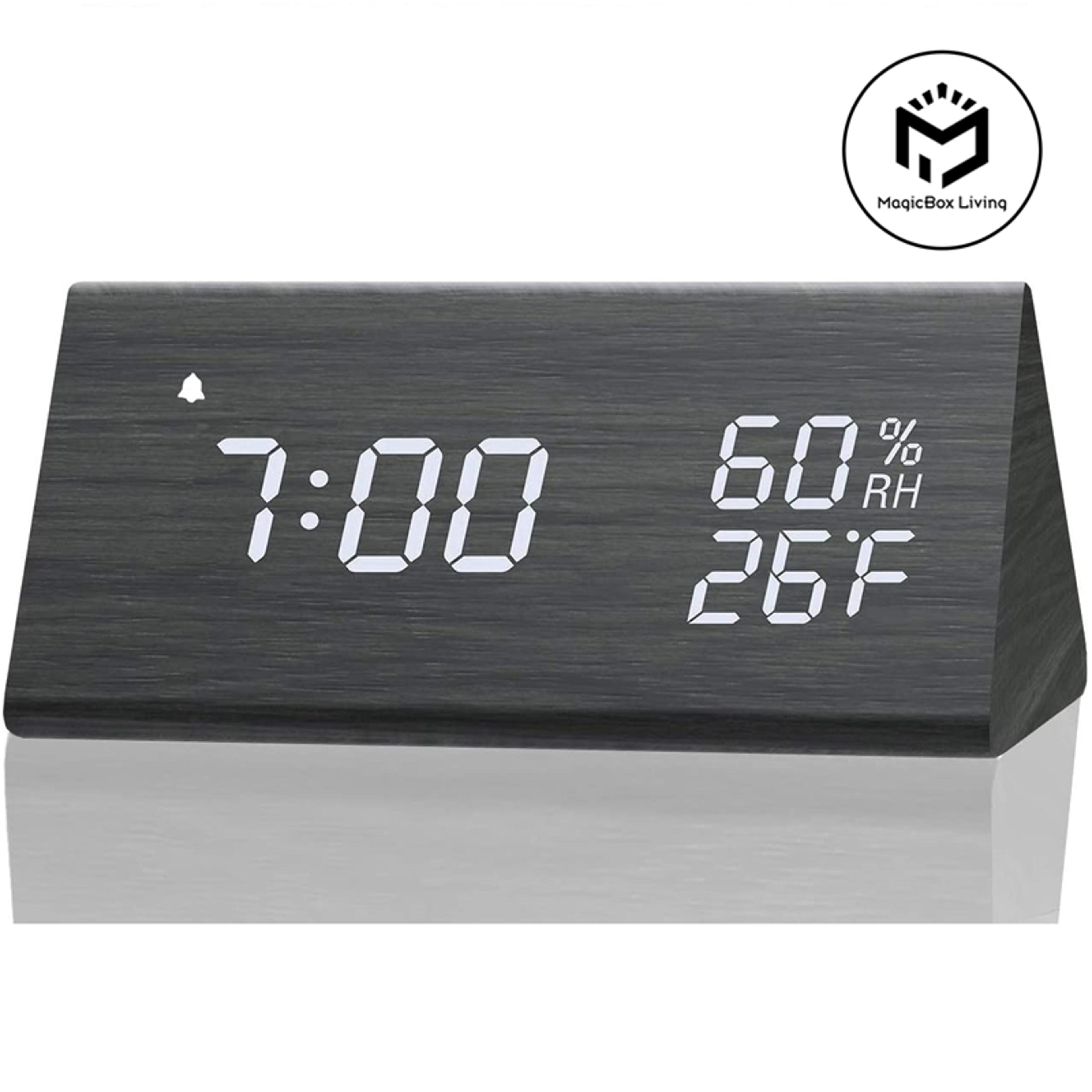 wooden led digital alarm clock with usb charger, temperature & humidity display