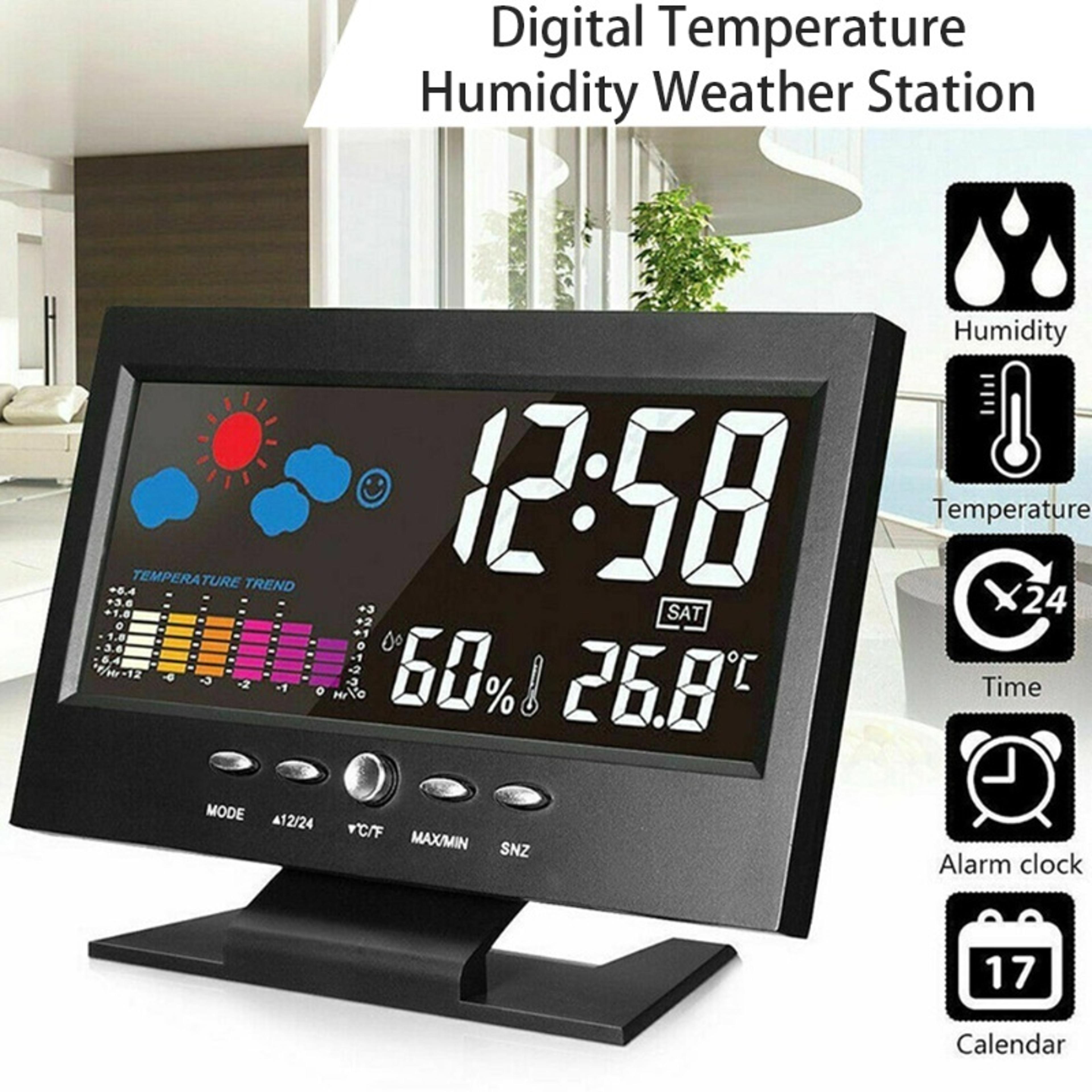 smart digital weather clock with large display, temperature humidity monitor, calendar & alarm